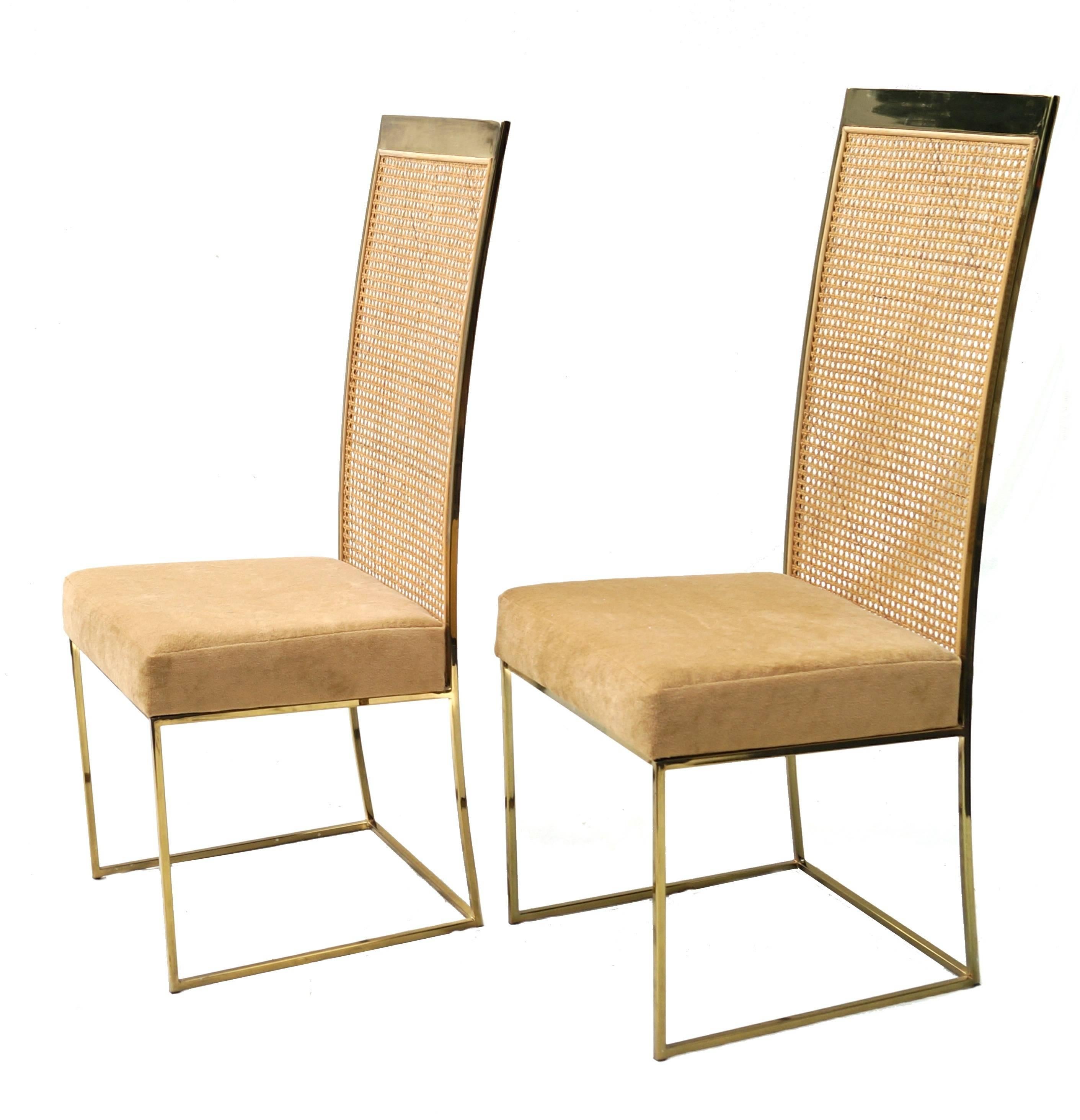 Four Milo Baughman for Thayer Coggin, brass tone cane back dining chairs.