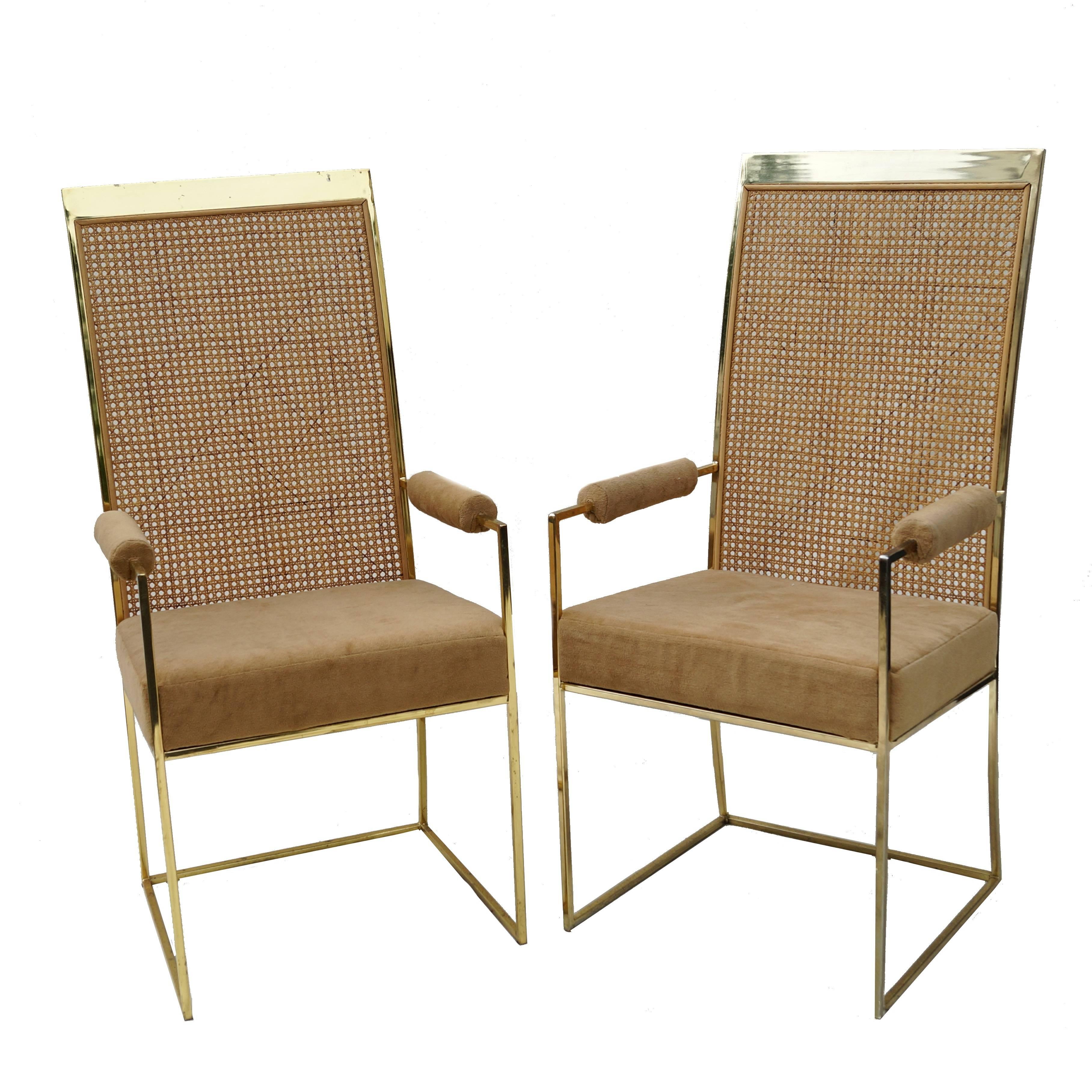 Milo Baughman for Thayer Coggin Brass Tone Cane Back Arm or Dining Chairs, Pair