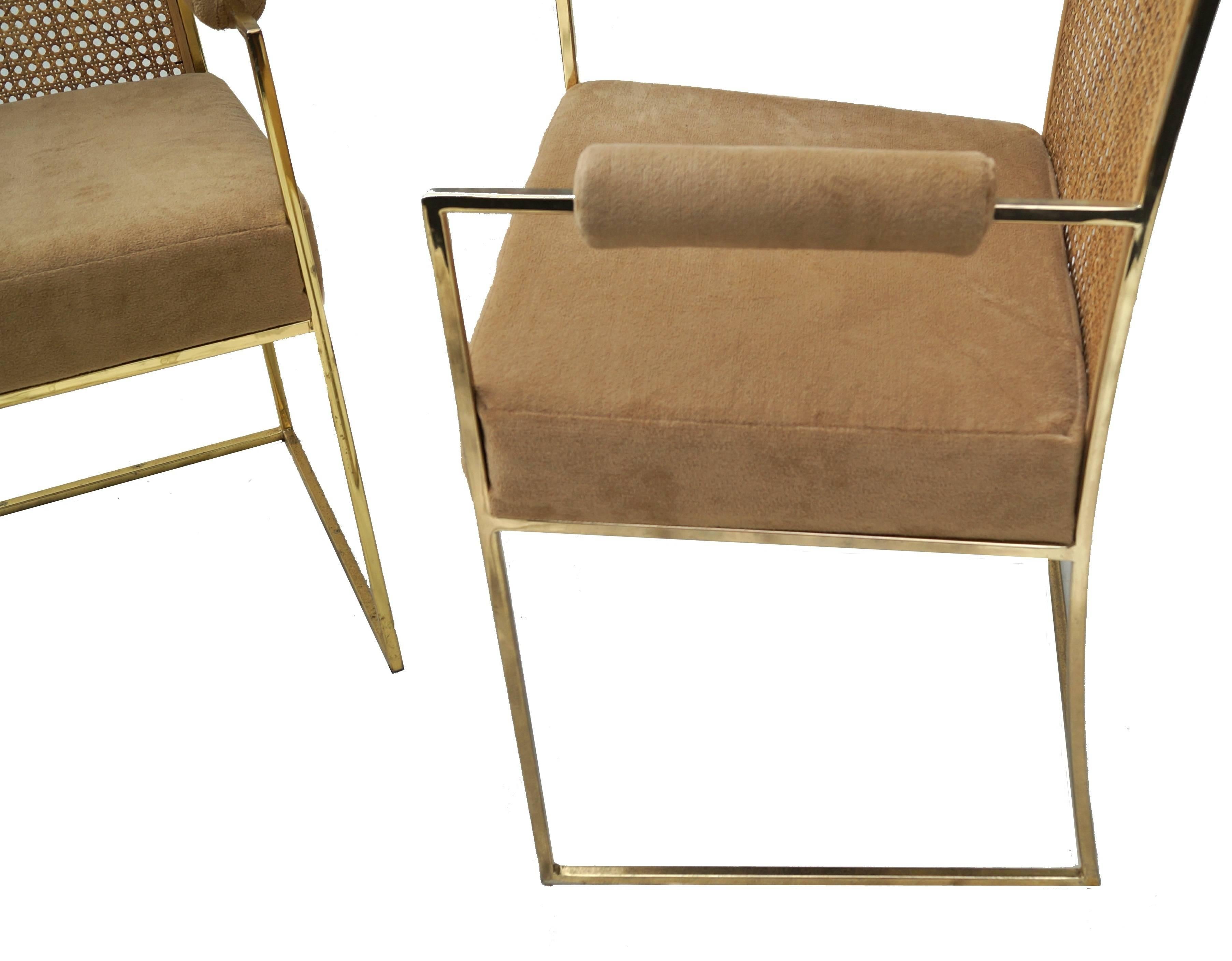 Milo Baughman für Thayer Coggin Messingfarbene Sessel mit Rohrrückenlehne oder Esszimmerstühle, Paar (Metall)