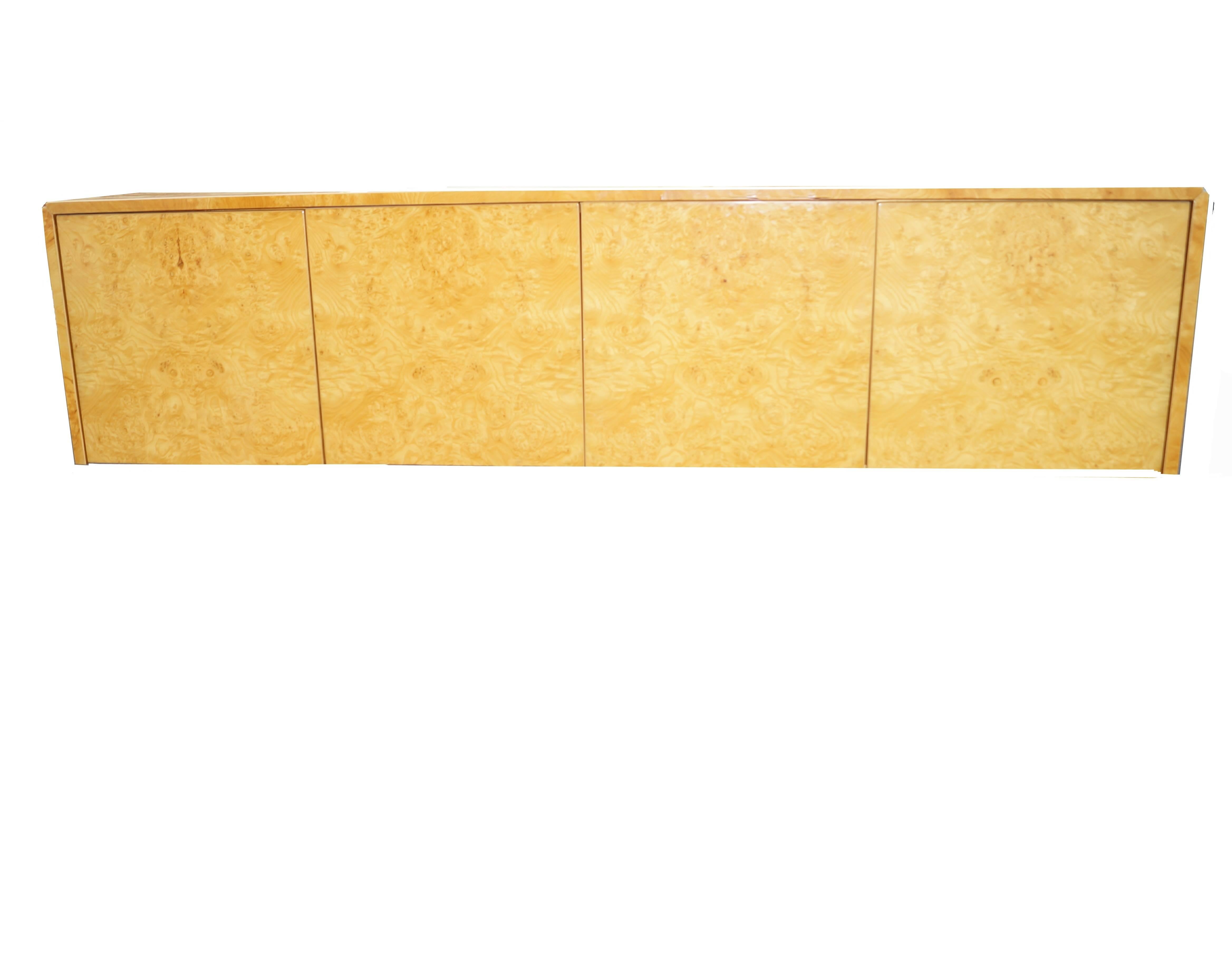 Milo Baughman style burl wood wall hanging floating credenza sideboard.