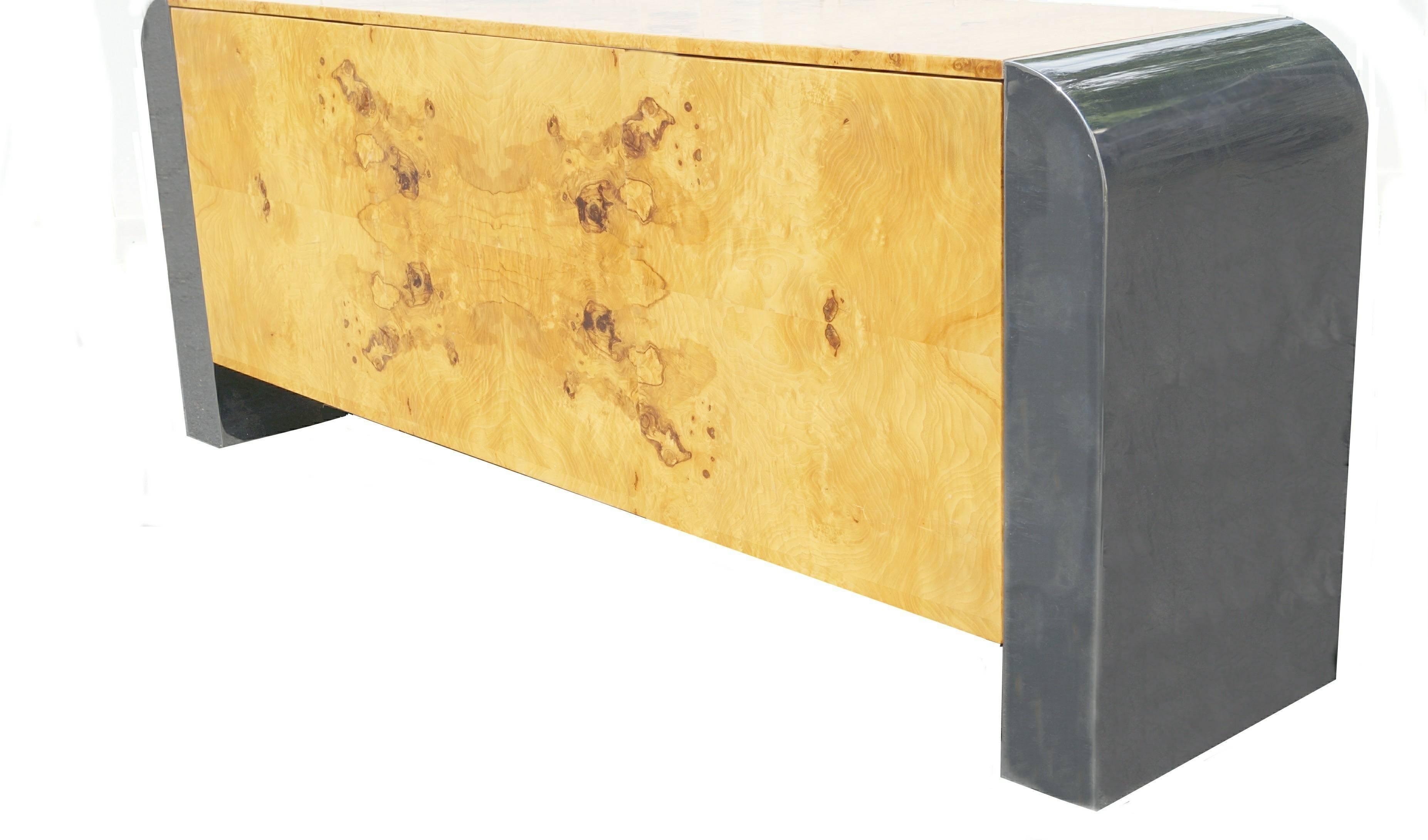 Pace Collection burl wood credenza, buffet or sideboard steel waterfall.