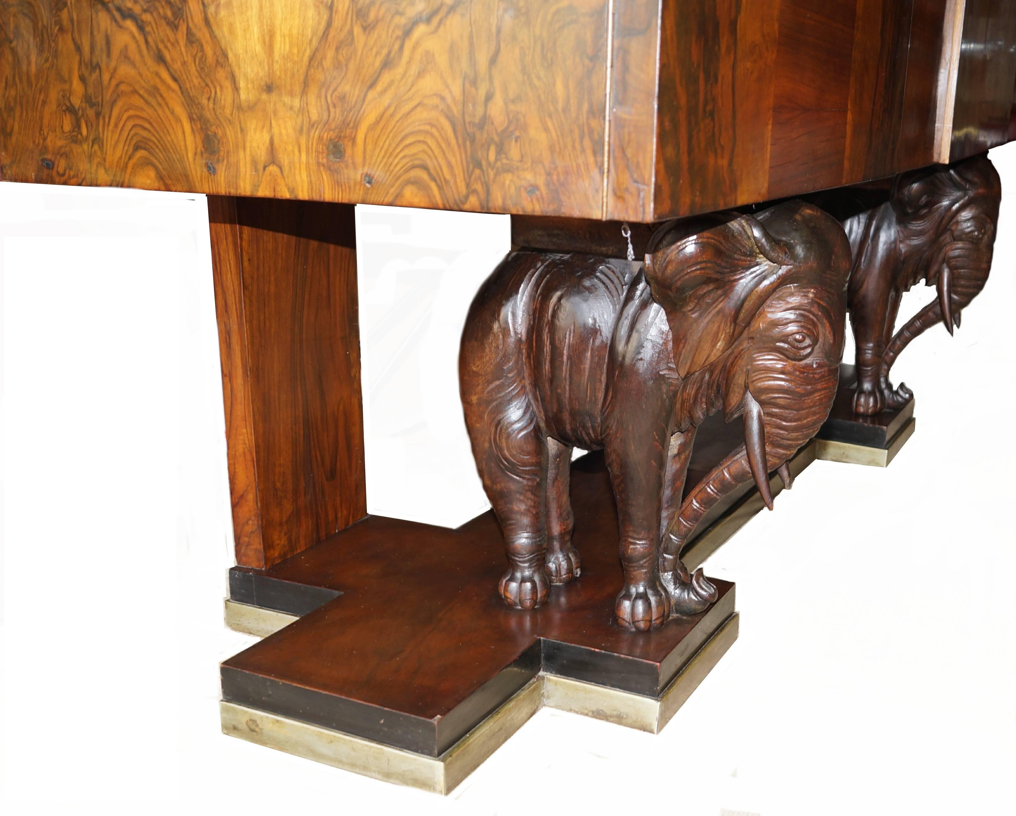 Early 20th Century Figural Art Deco Burl Wood Carved Elephant Sideboard Buffet Credenza Console