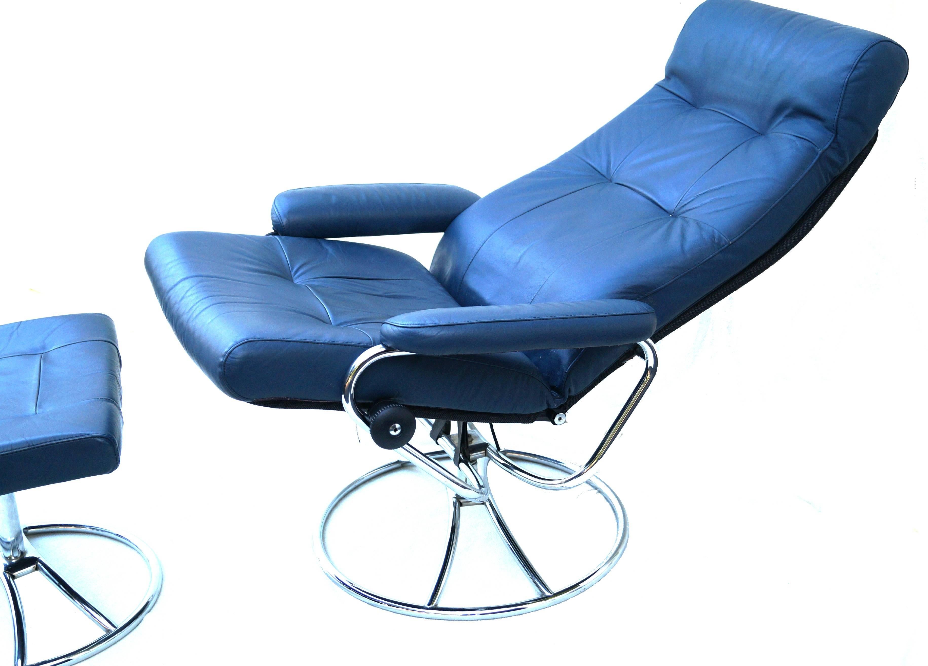 blue leather chair with ottoman