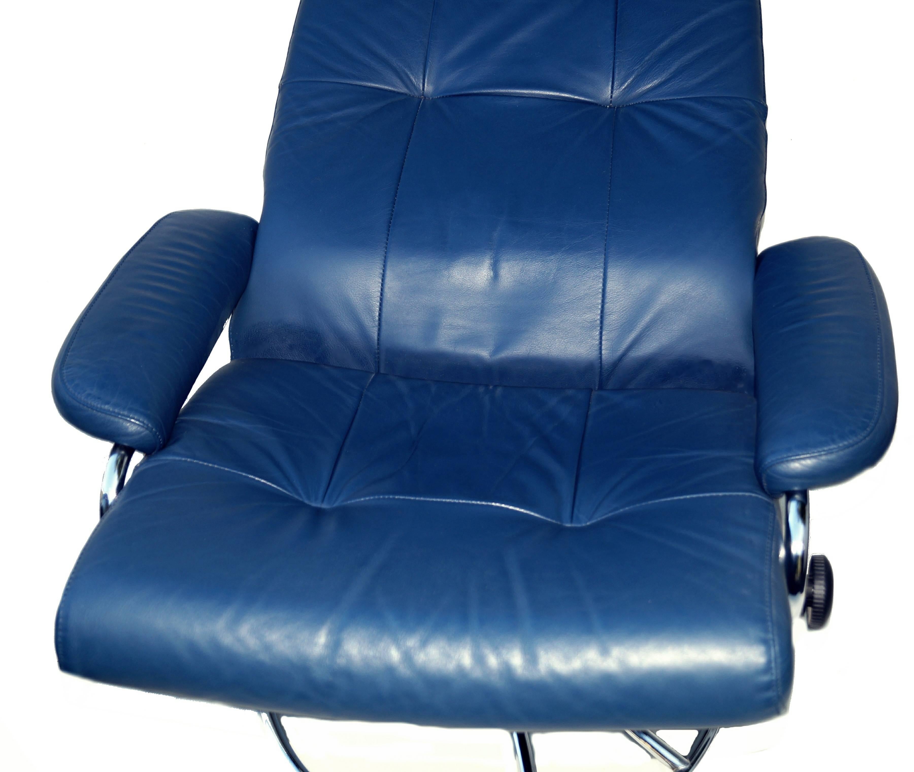 blue leather chair and ottoman
