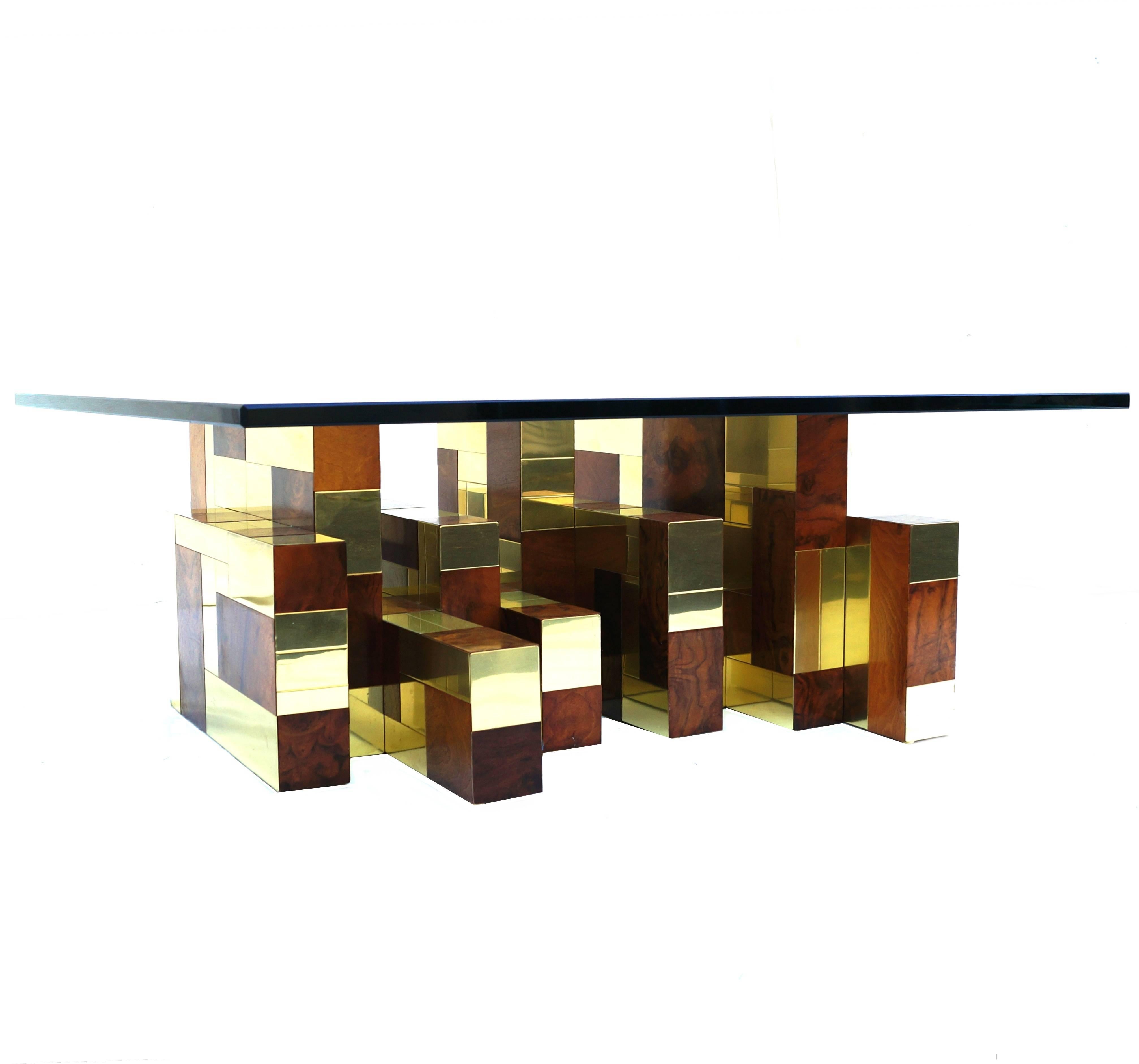 Paul Evans burl and brass coffee sofa table marked Paul Evans piece, the base alone measures 30.50