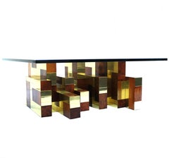 Paul Evans Cityscape Burl and Brass Coffee Cocktail Table Signed