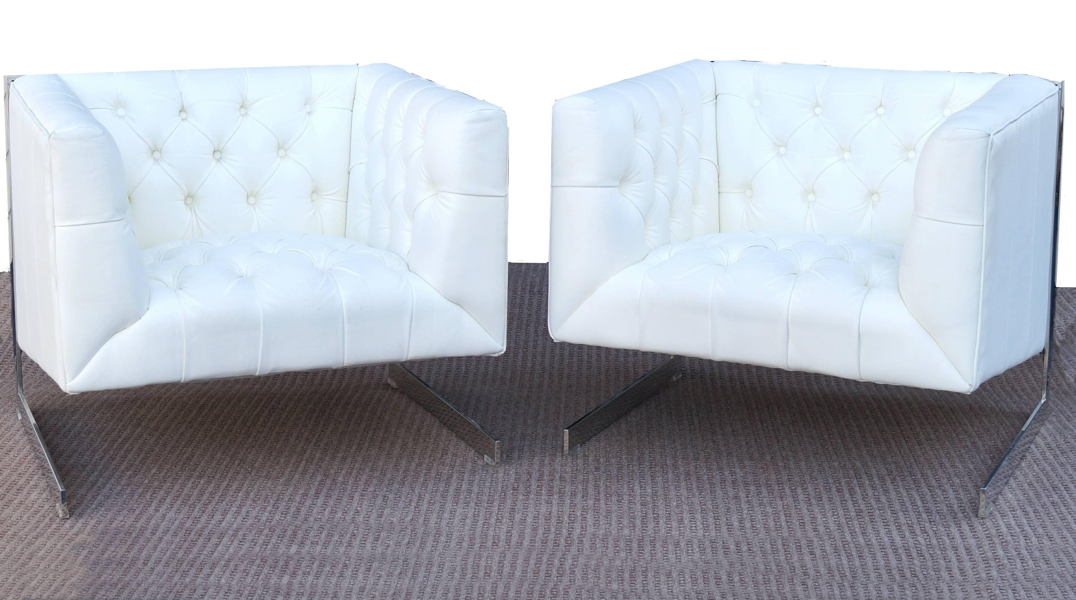 Pair of Milo Baughman style cantilever tufted lounge chairs. Unmarked.