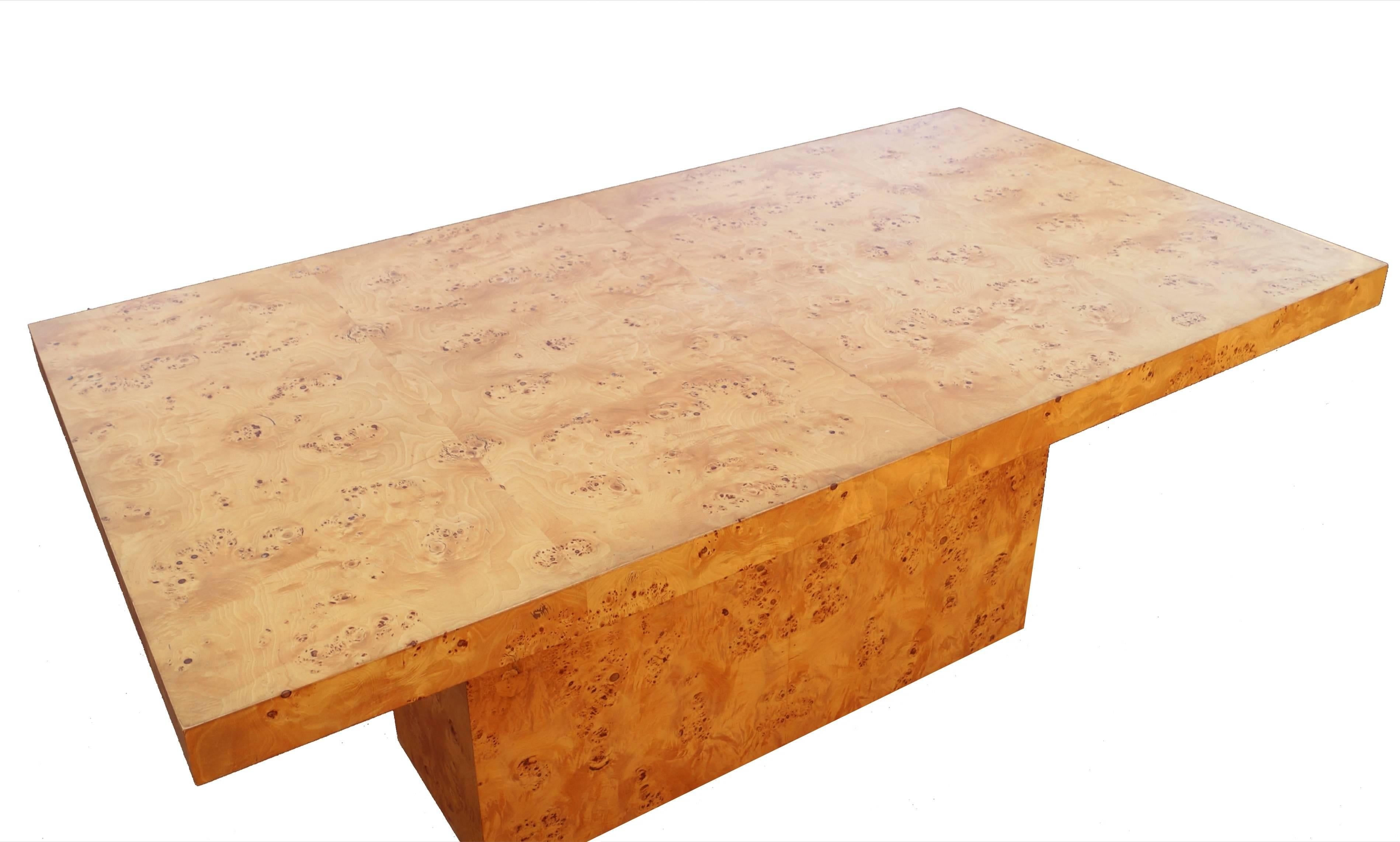 Milo Baughman burl wood dining table with two 18.25