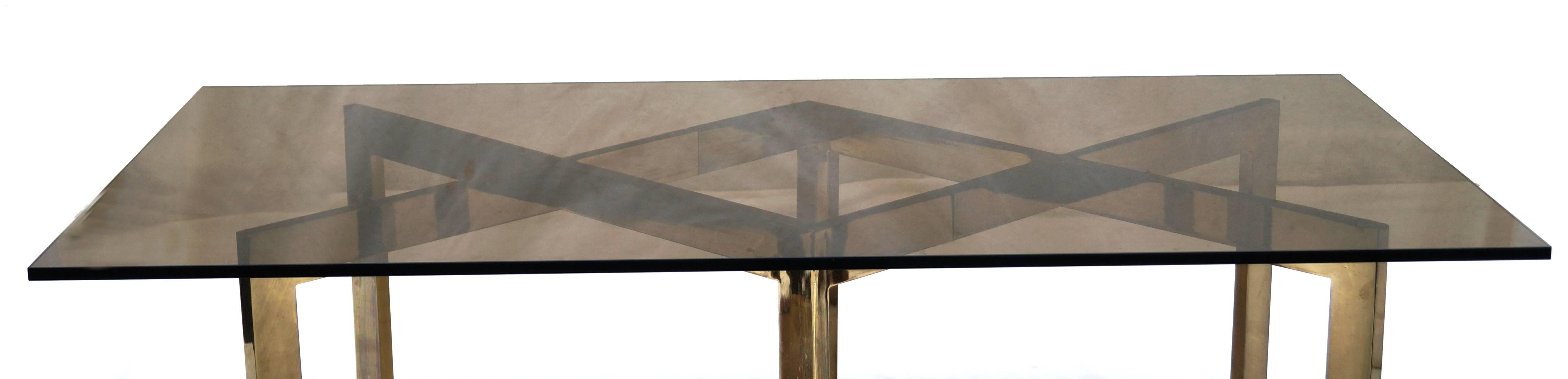 American Milo Baughman Thayer Coggin Brass Bronze Top X Glass Dining Table