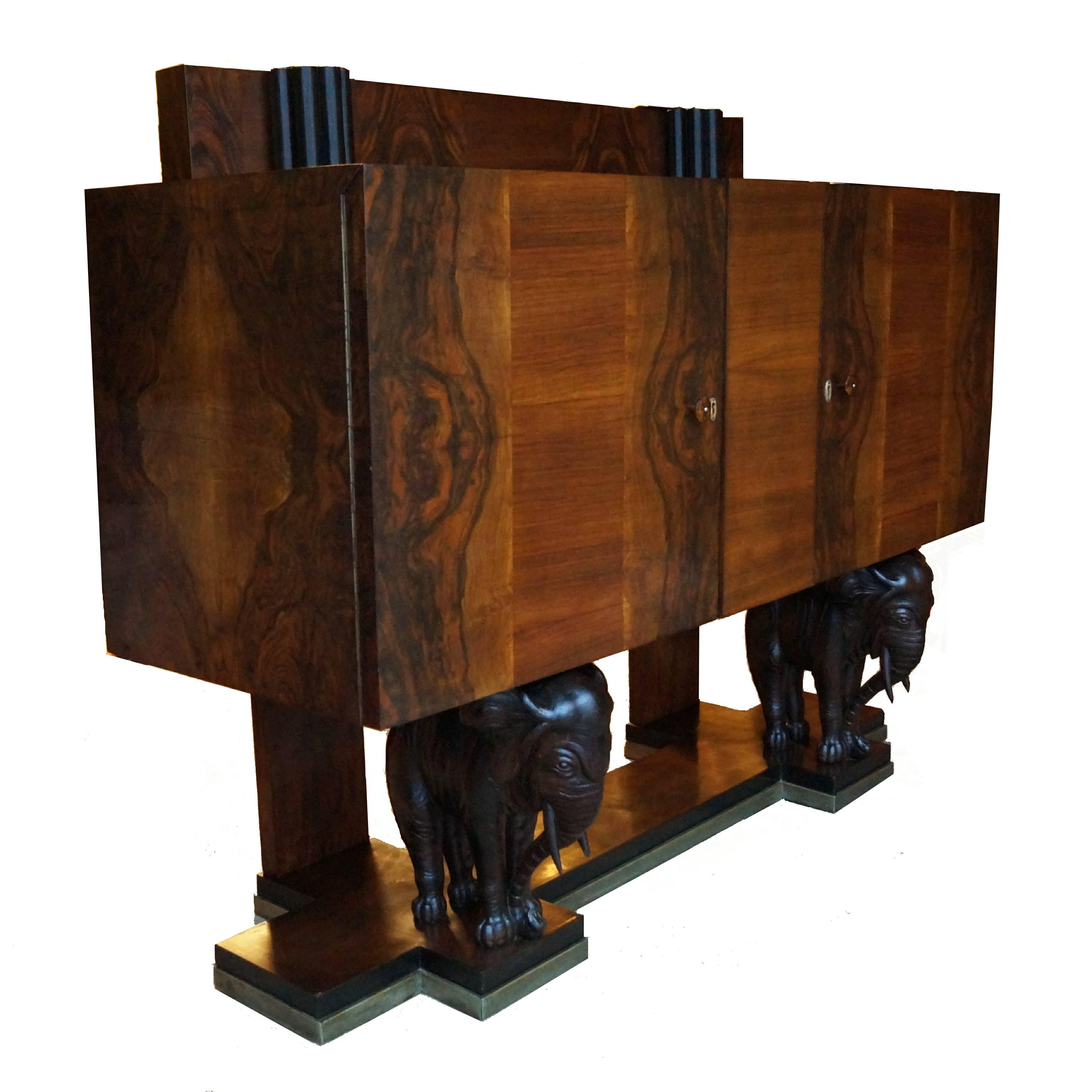 Figural Art Deco Burl Wood Carved Elephant Sideboard Buffet Credenza Console In Fair Condition In Wayne, NJ