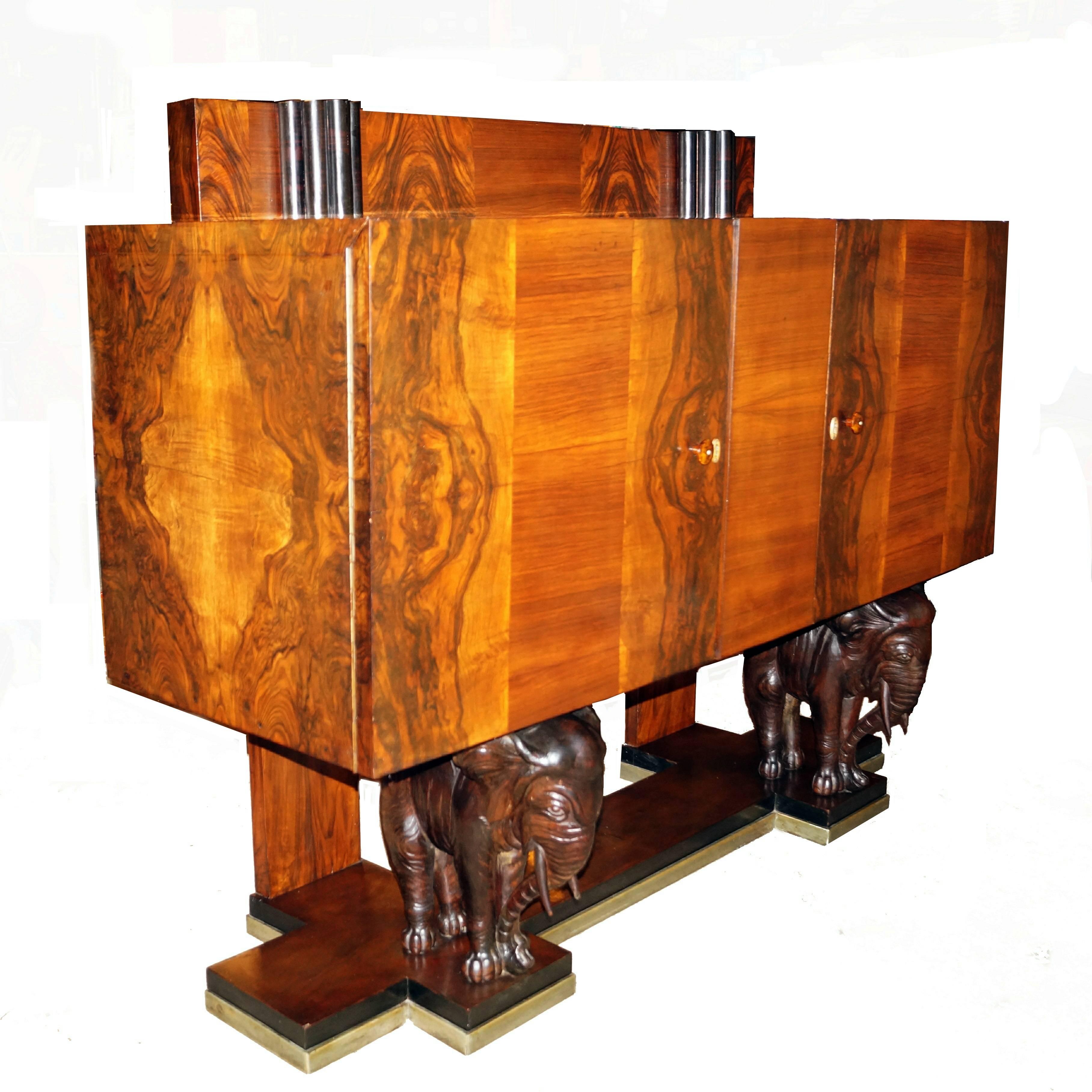 Figural Art Deco Burl Wood Carved Elephant Sideboard Buffet Credenza Console