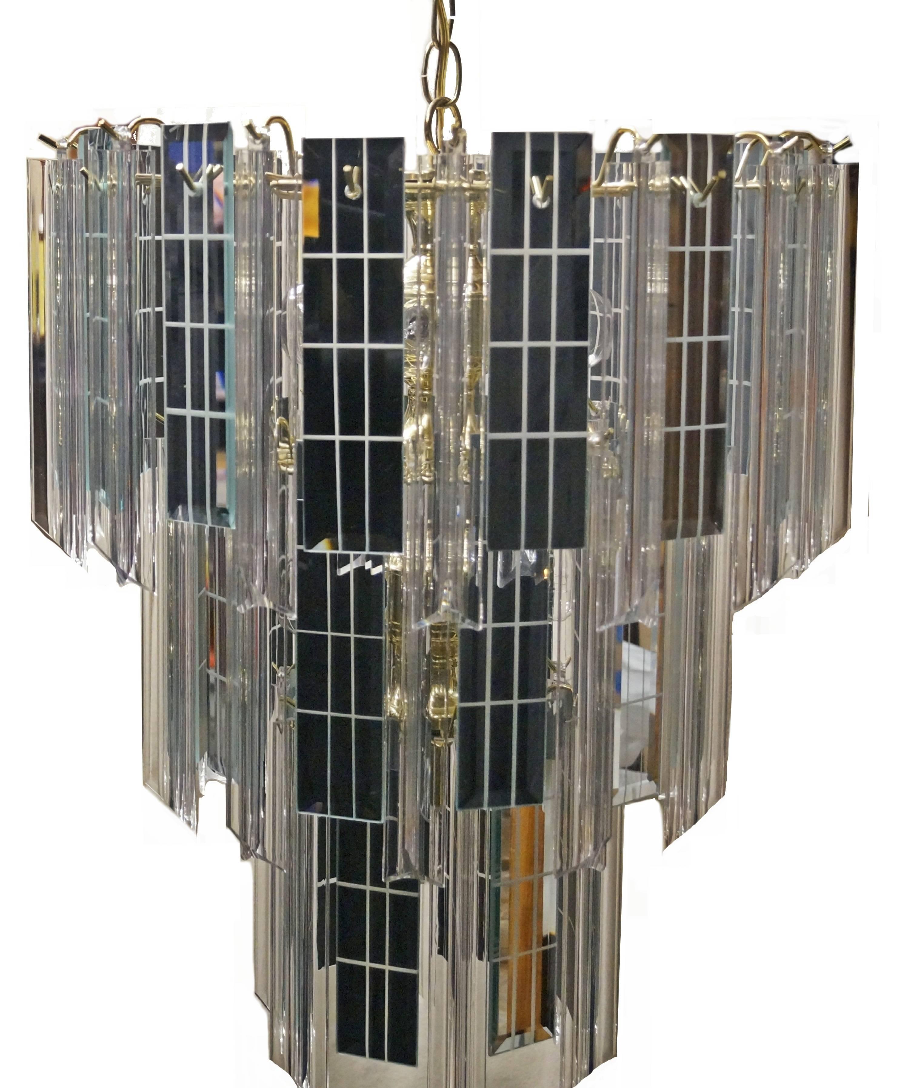 Other Mid-Century Modern Three-Tier Lucite and Mirror Mirrored Pendant Lamp Chandelier For Sale