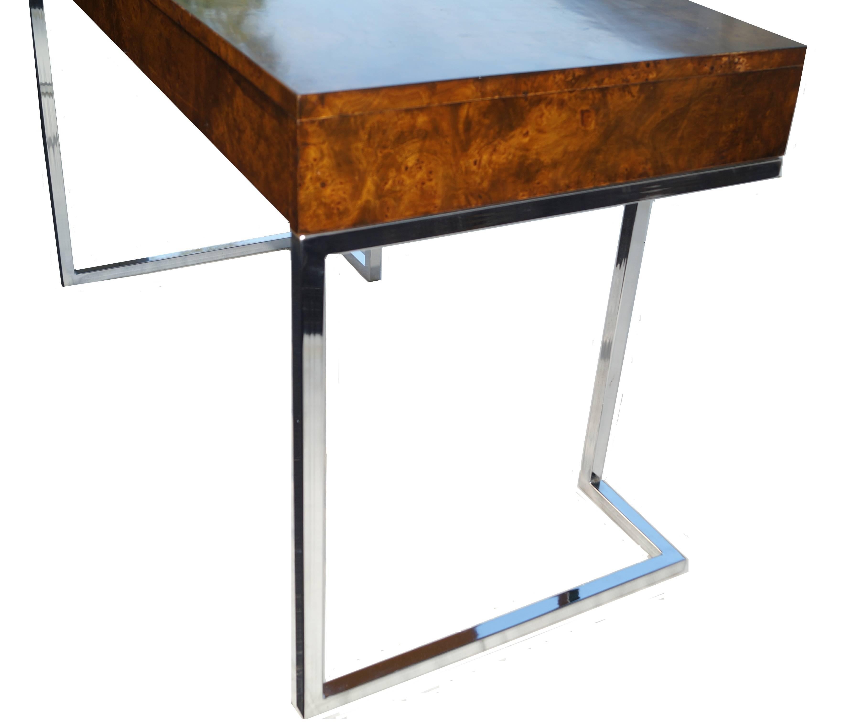 Milo Baughman Thayer Coggin burl wood desk console writing table. Leg height 25.25