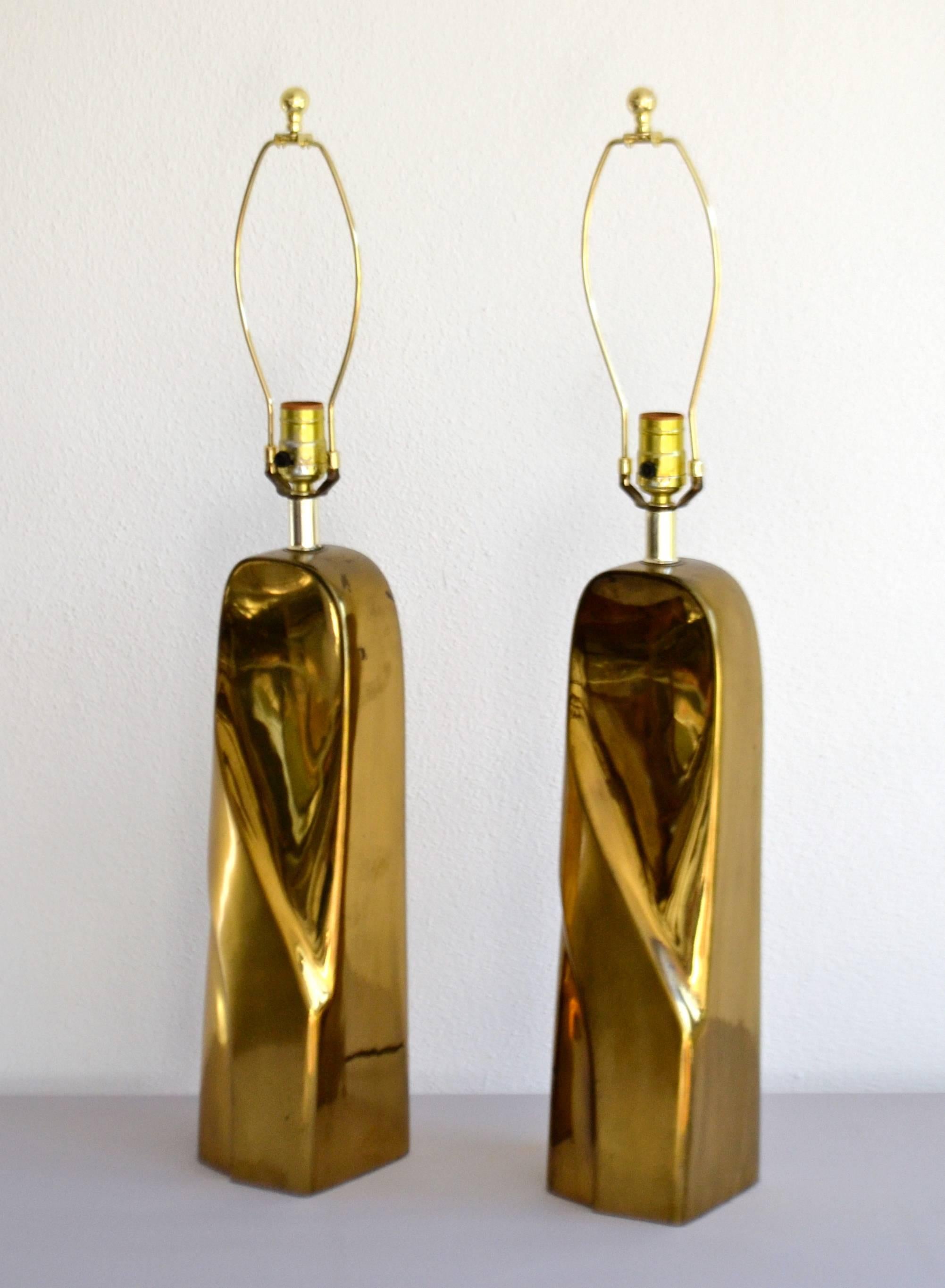 American Pair of Postmodern Polished Brass Table Lamps