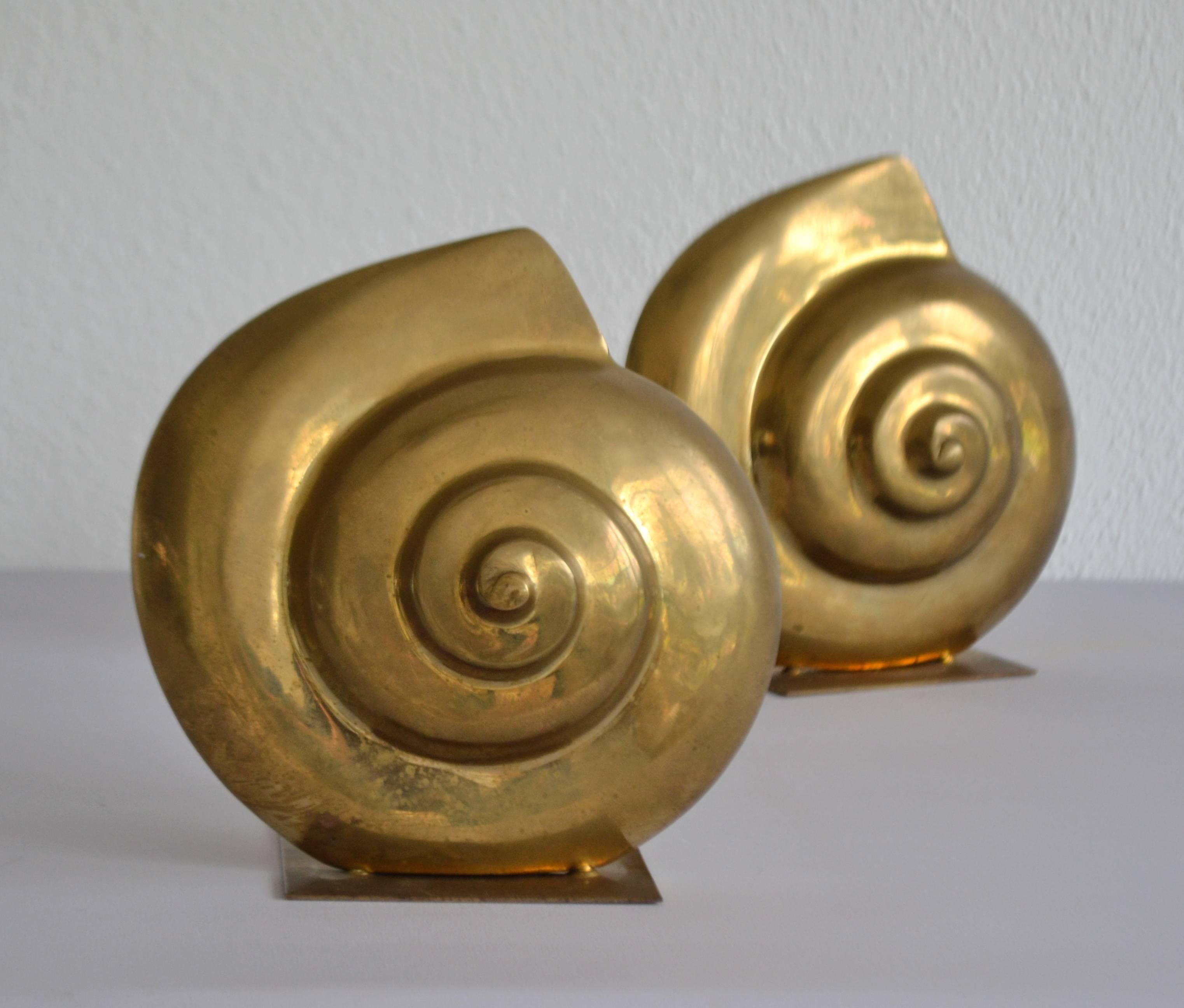 Hollywood Regency Pair of Brass Nautilus Form Bookends