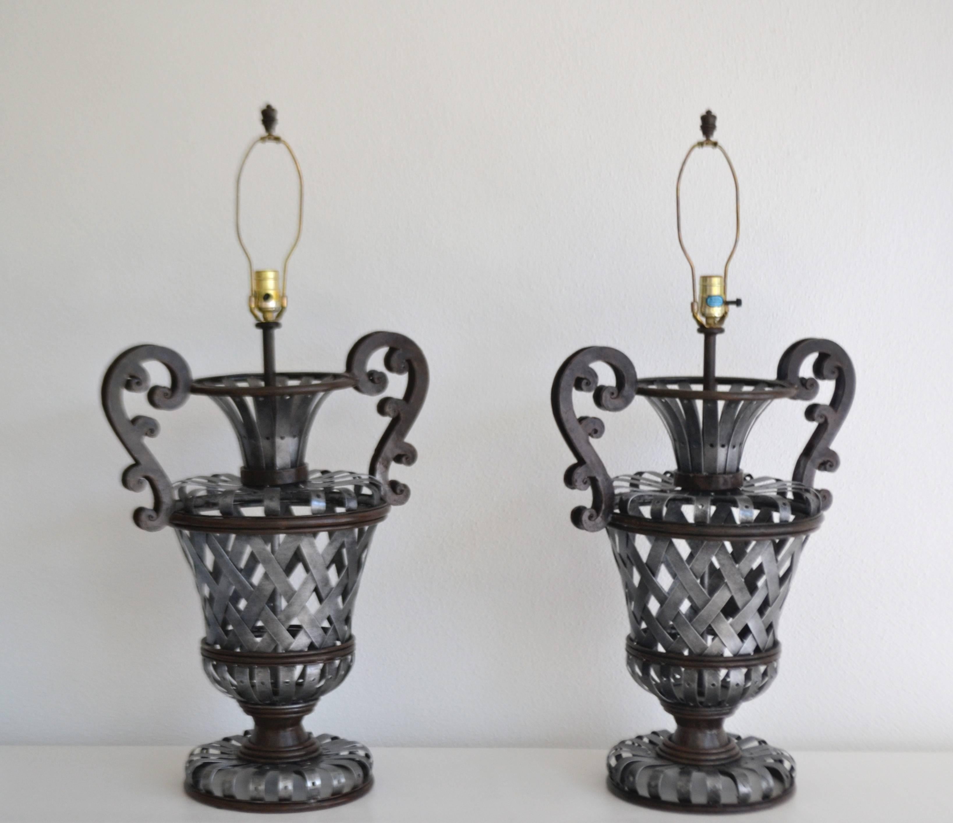 Pair of Wrought Iron Basket Weave Urn Form Table Lamps In Good Condition For Sale In West Palm Beach, FL