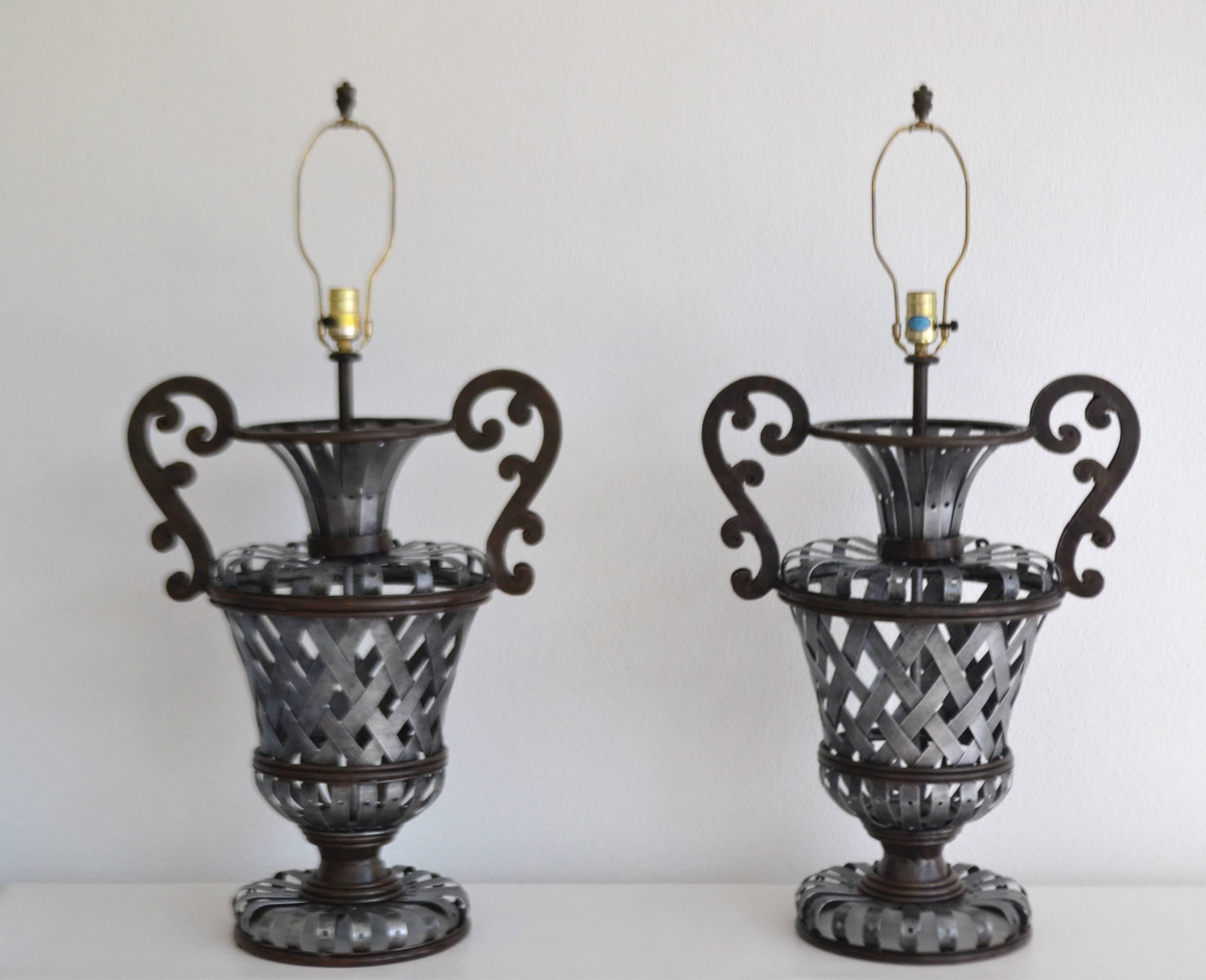 Hollywood Regency Pair of Wrought Iron Basket Weave Urn Form Table Lamps For Sale