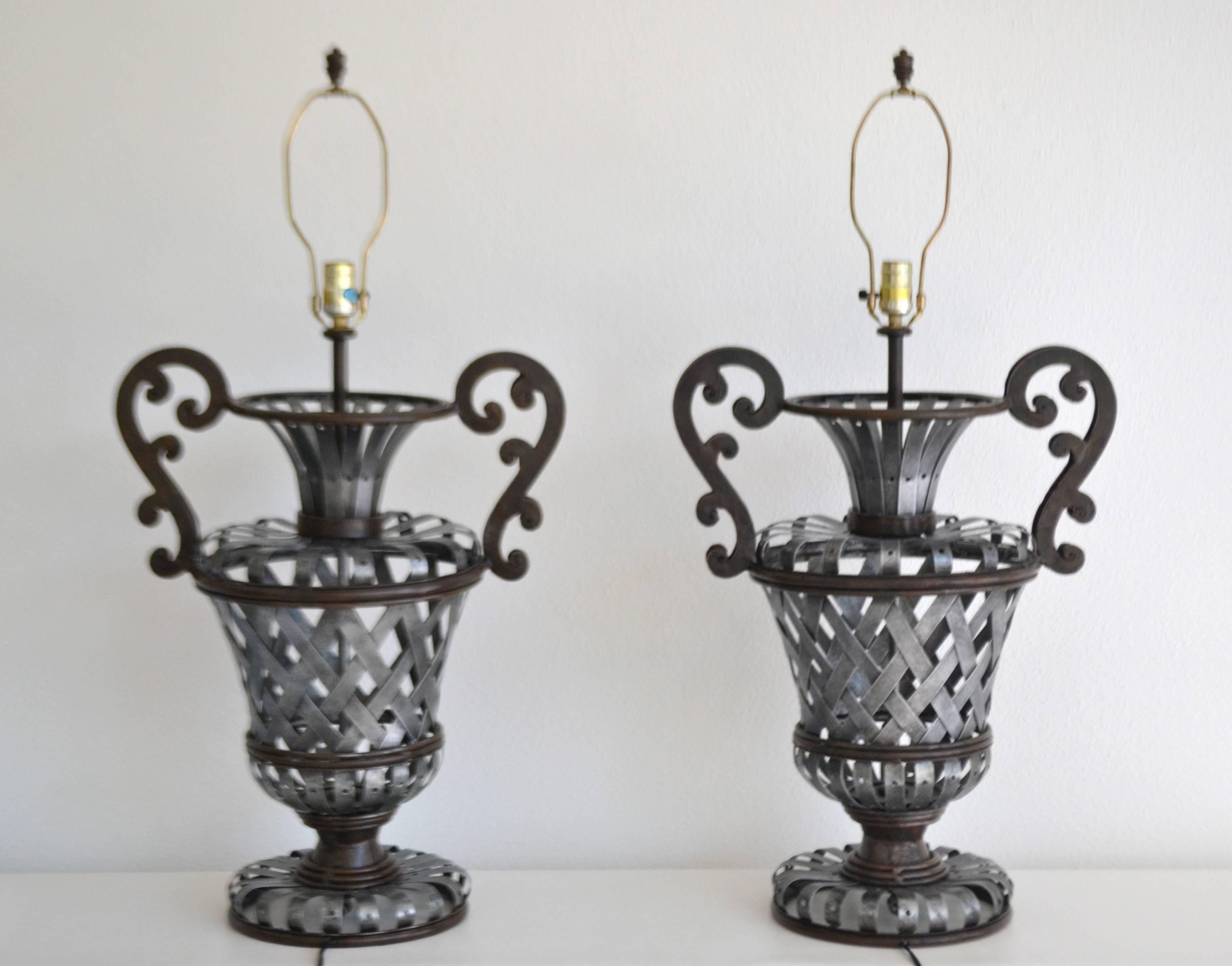 Mid-20th Century Pair of Wrought Iron Basket Weave Urn Form Table Lamps For Sale