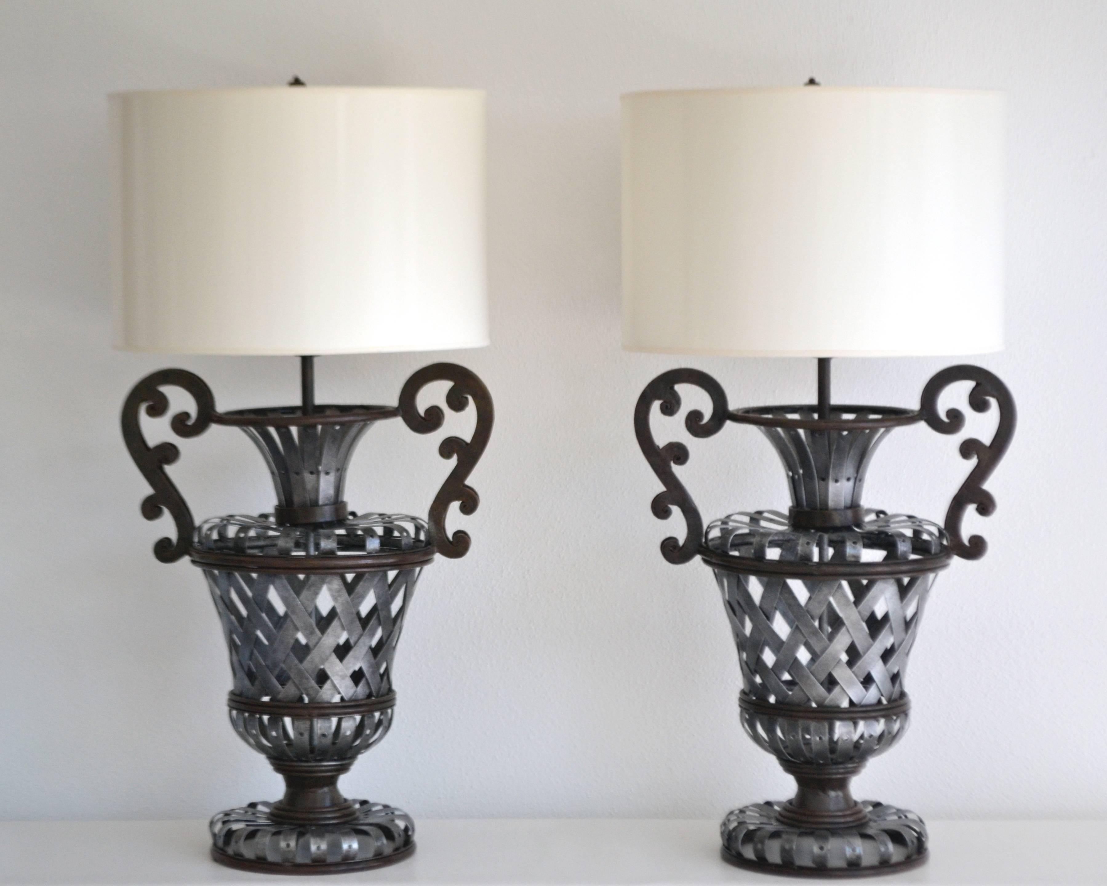 Pair of Wrought Iron Basket Weave Urn Form Table Lamps For Sale 3