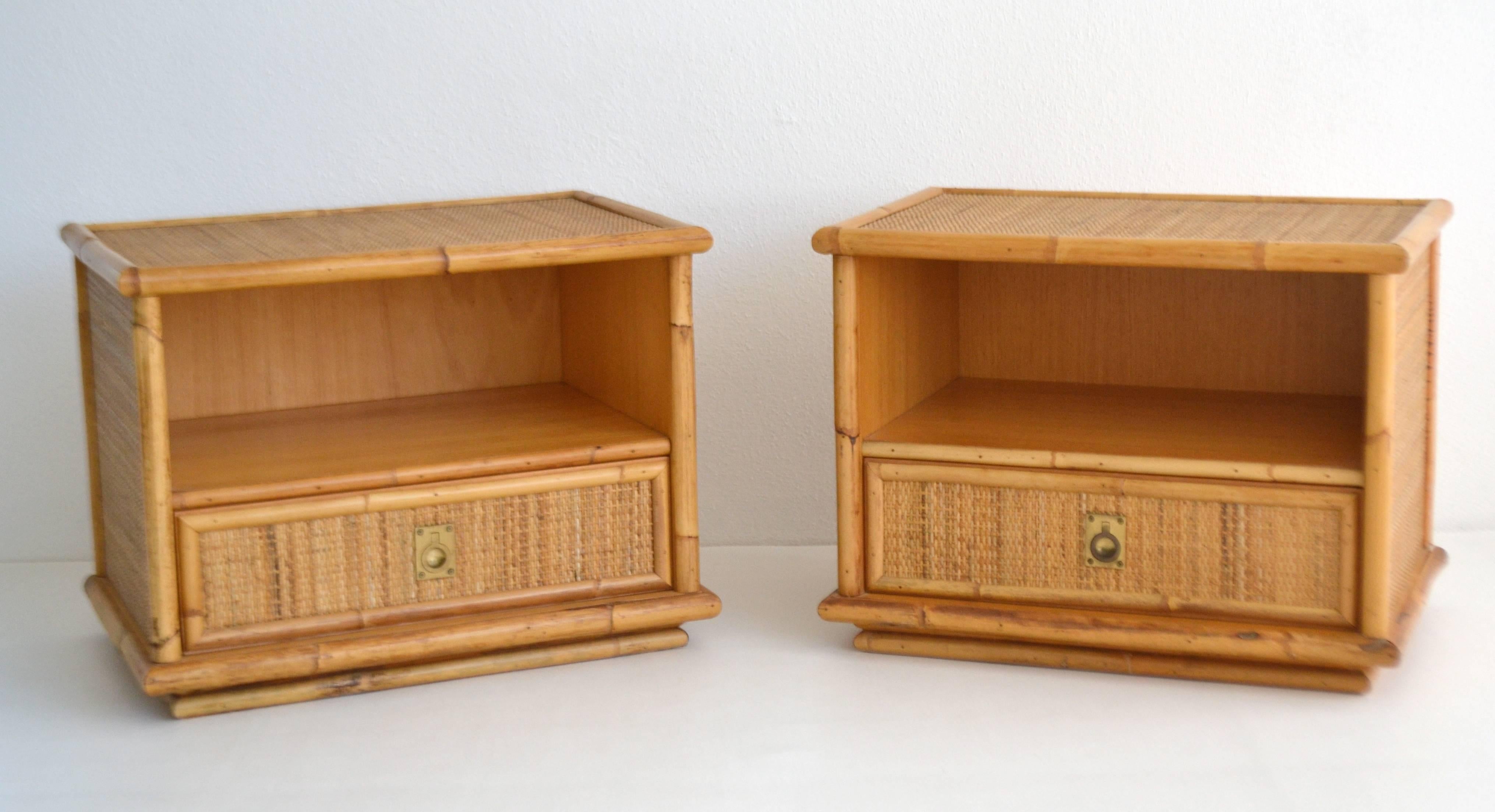 Pair of Italian Mid-Century Woven Rattan Side Tables or Nightstands 1