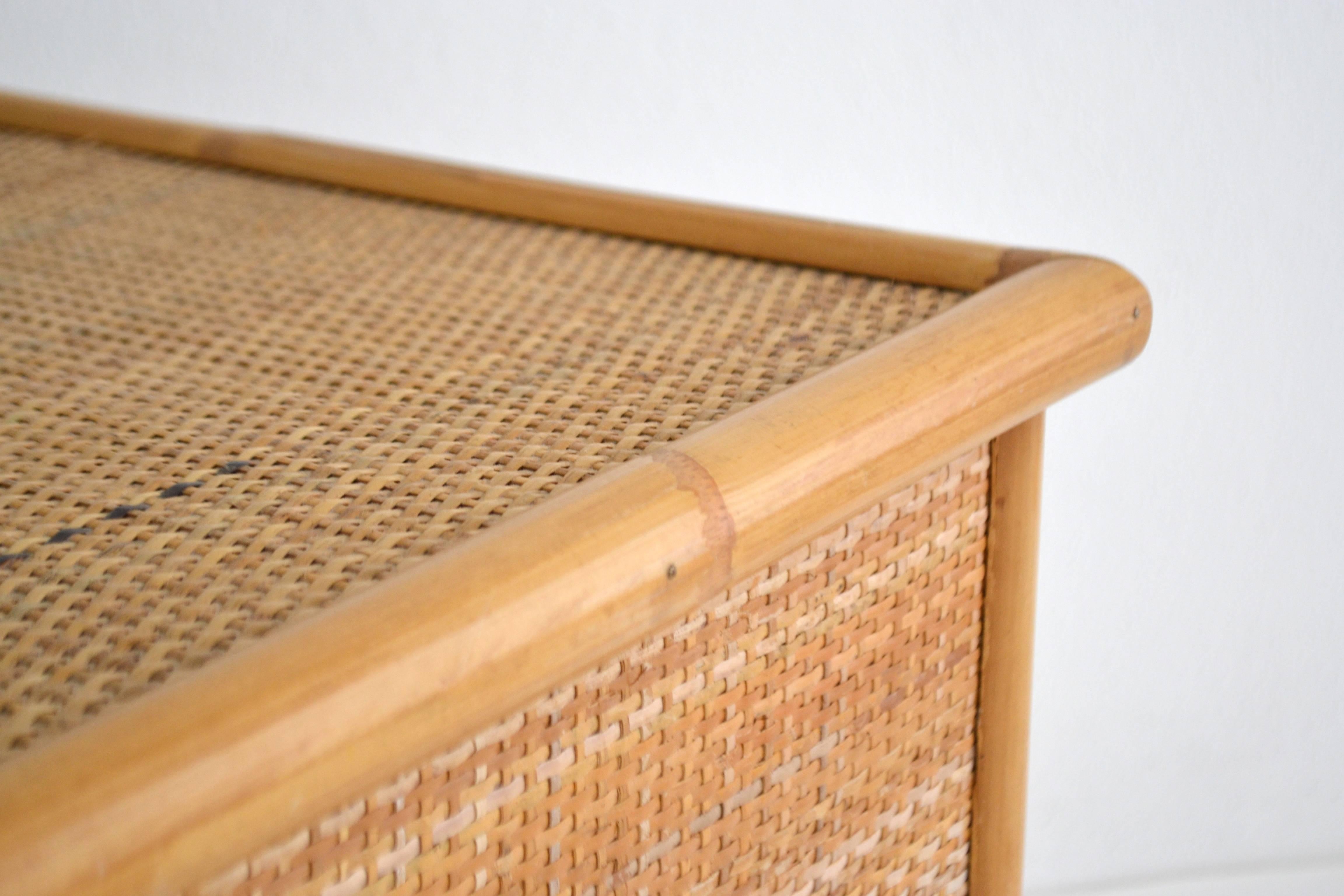 Bamboo Pair of Italian Mid-Century Woven Rattan Side Tables or Nightstands