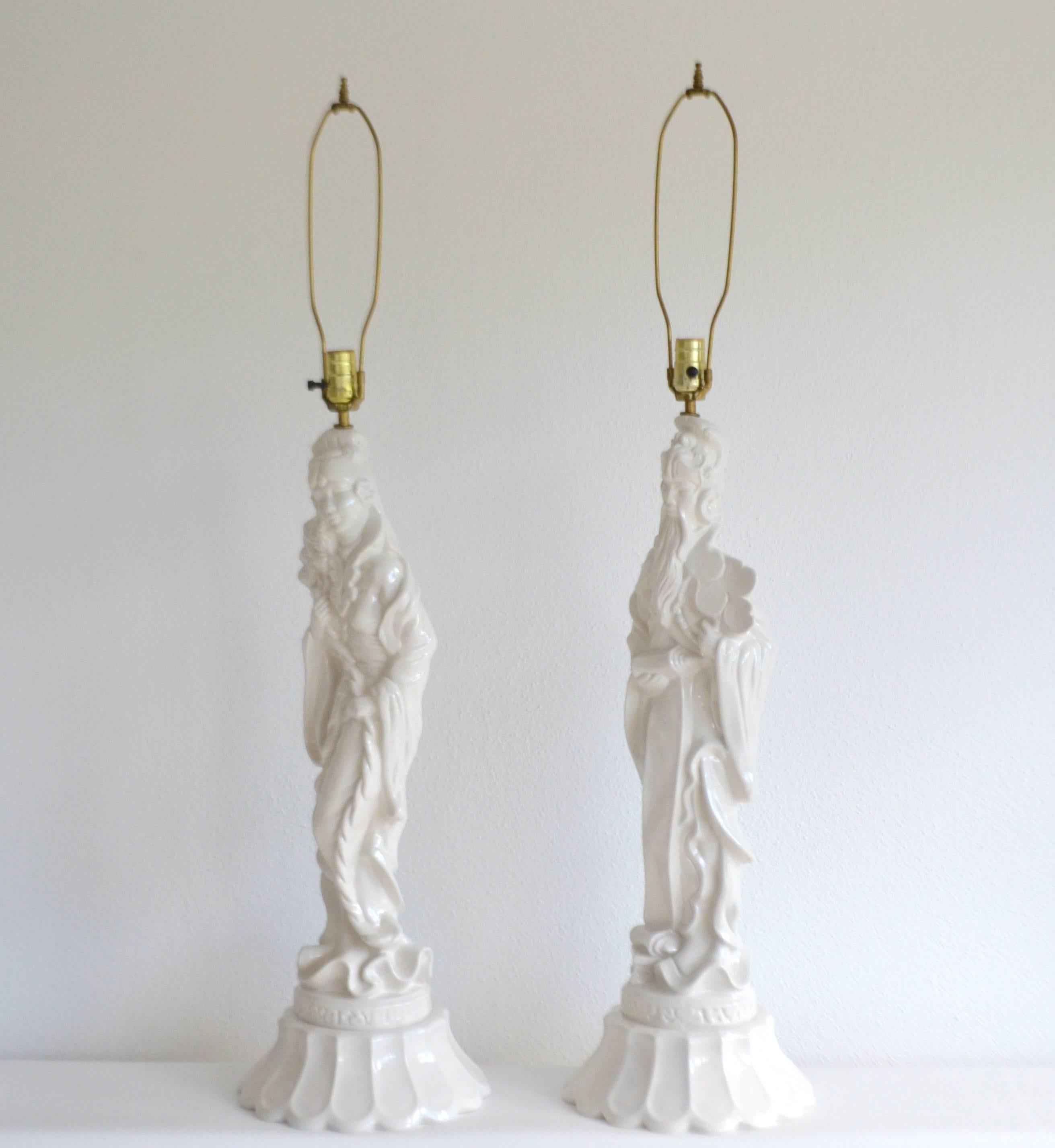 Mid-20th Century Pair of Hollywood Regency Blanc de Chine Ceramic Table Lamps