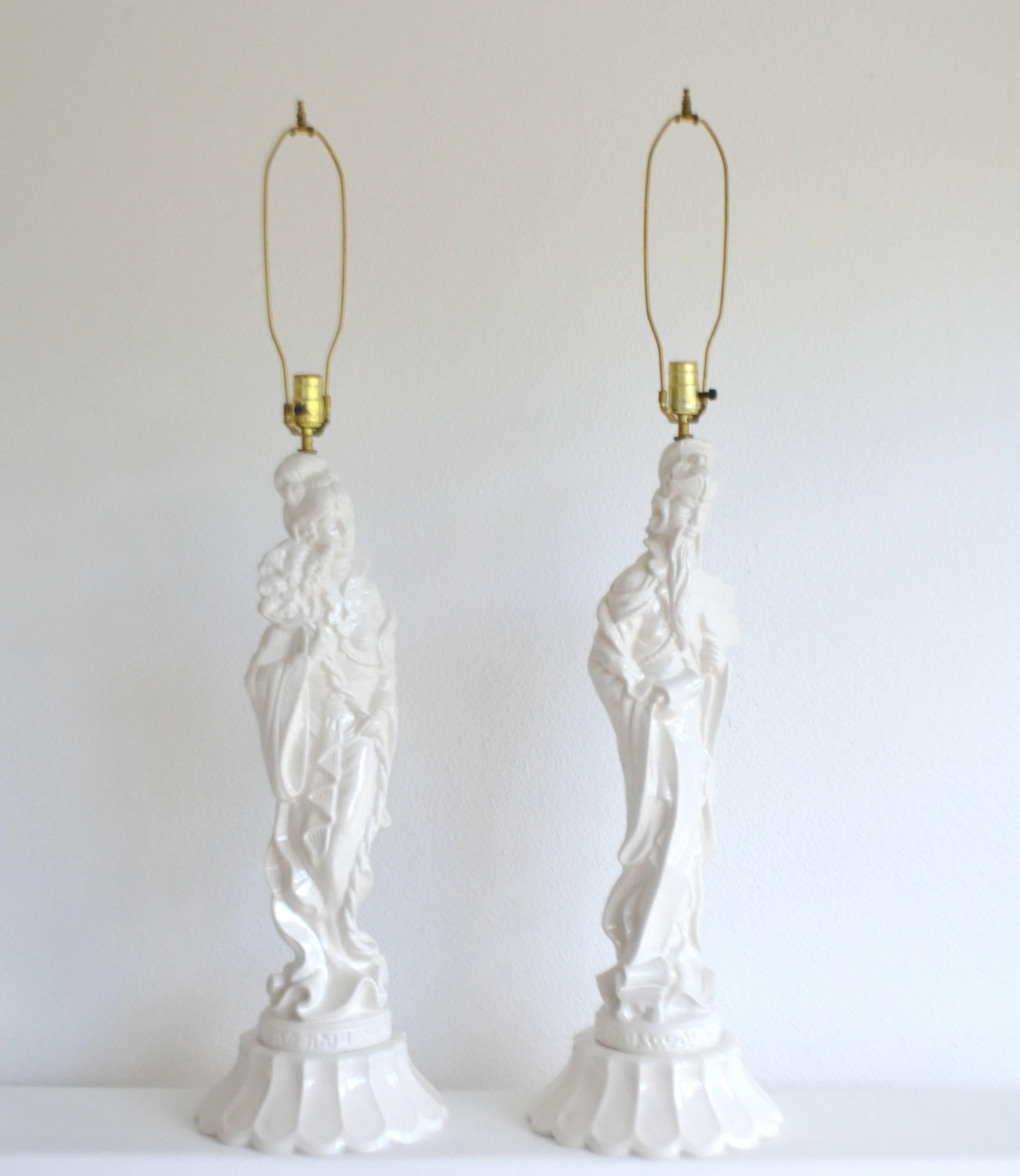 Pair of Hollywood Regency Blanc de Chine Ceramic Table Lamps In Excellent Condition In West Palm Beach, FL