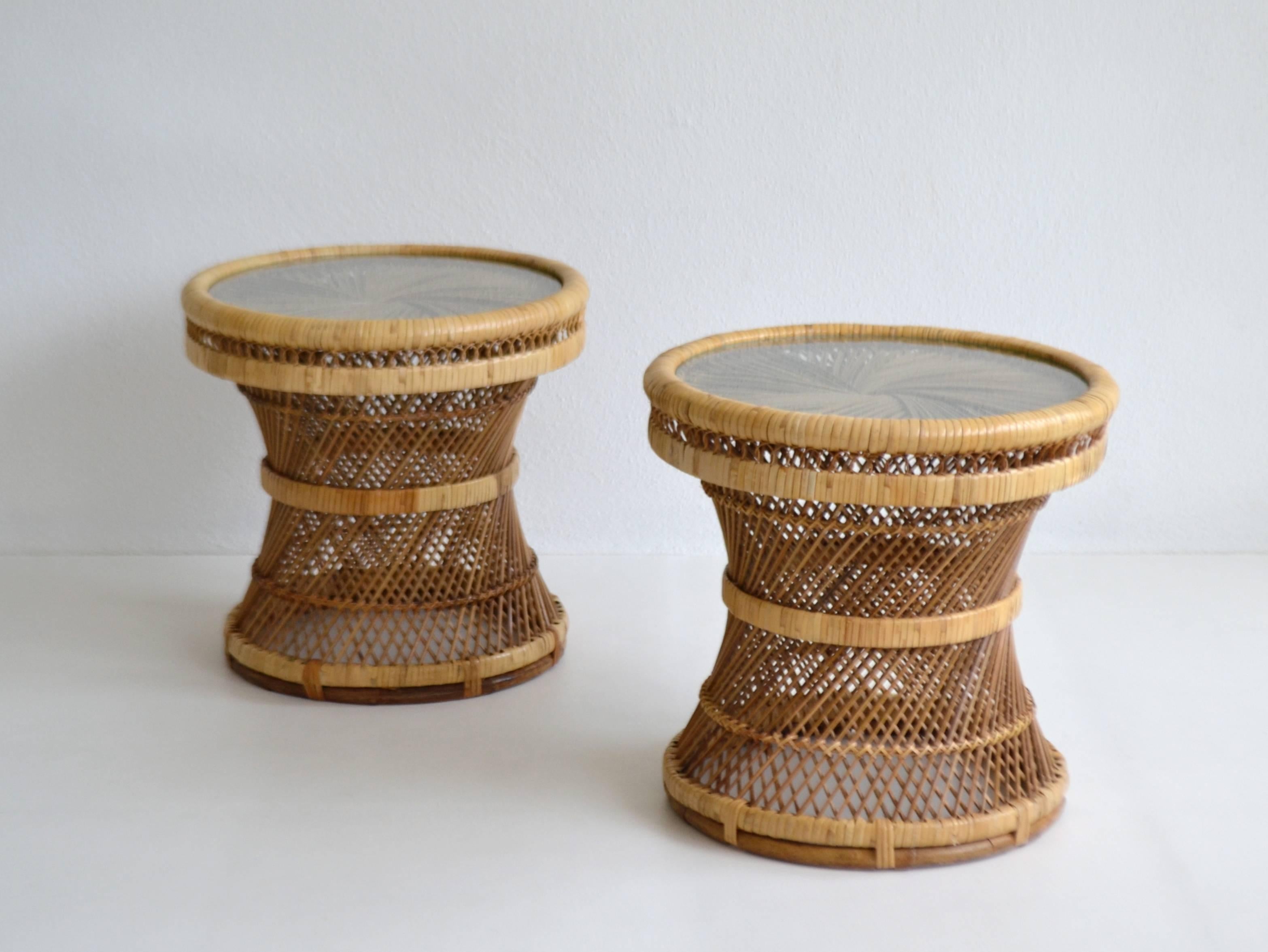 Pair of Mid-Century Woven Rattan Occasional Tables or Side Tables In Excellent Condition In West Palm Beach, FL