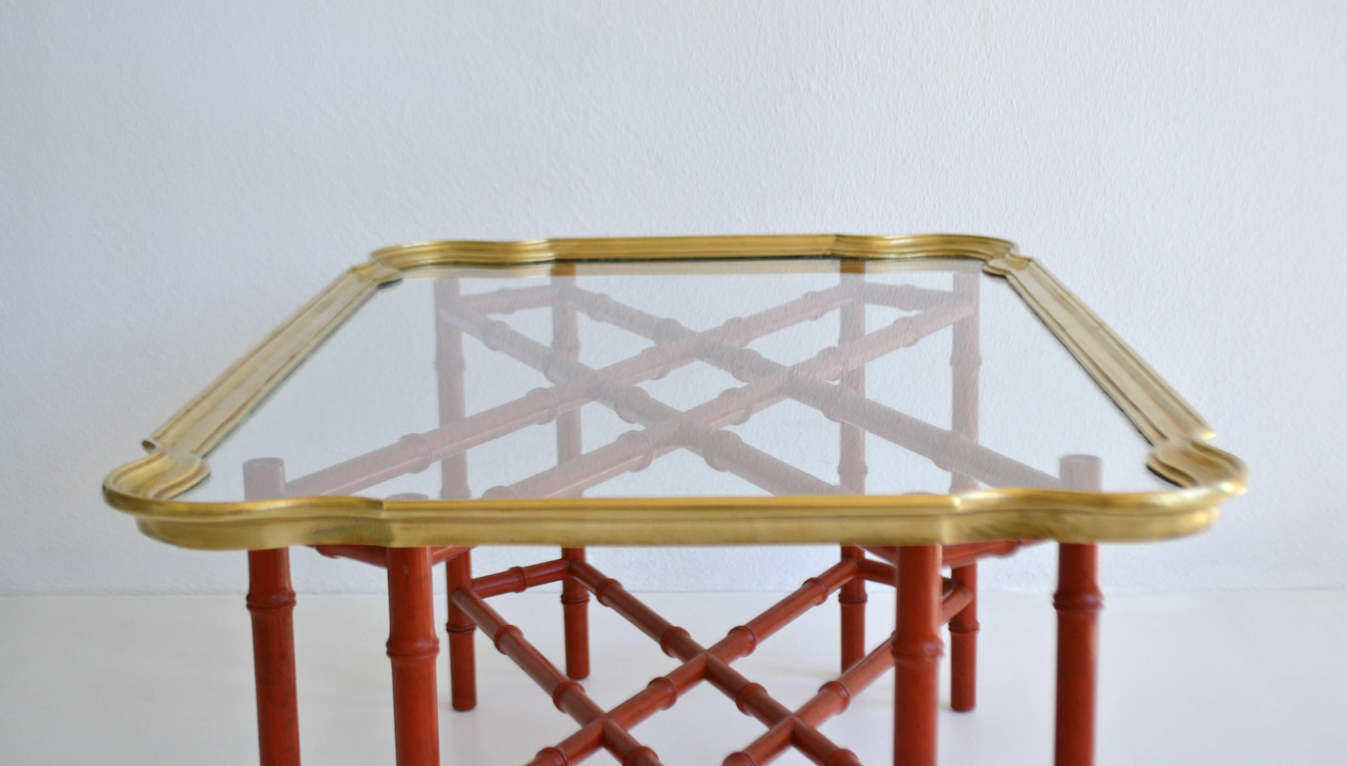 Brass Hollywood Regency Faux Bamboo Tray Top Cocktail Table For Sale
