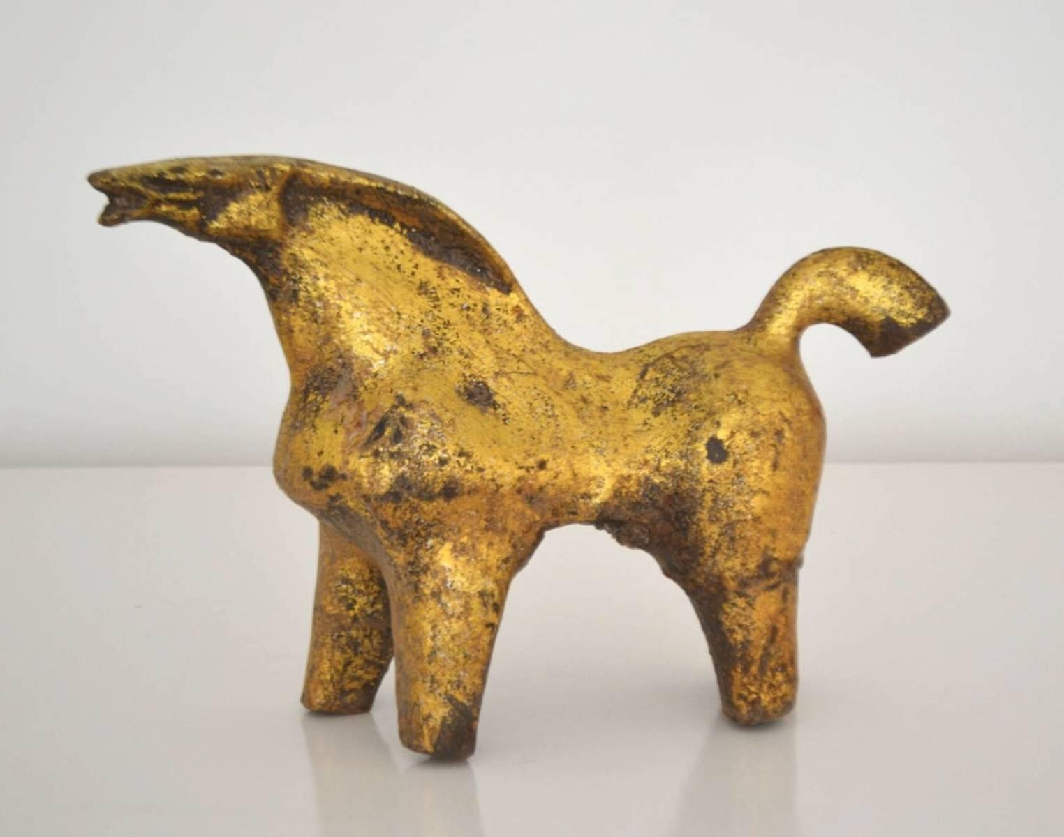 Gold Leaf Midcentury Sculptural Gilt Metal Horse