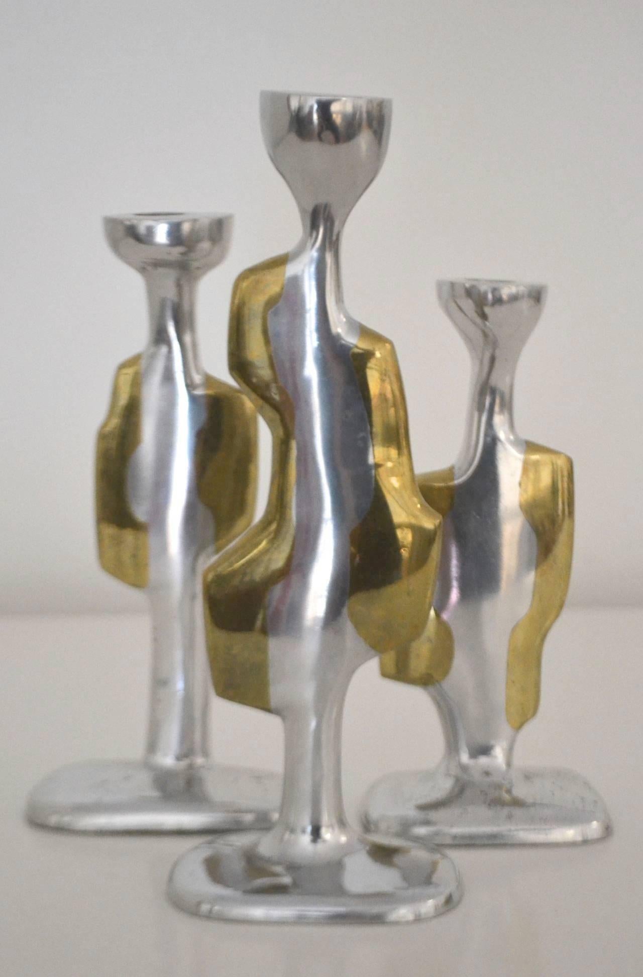 Set of Three Spanish Art Deco Aluminum and Bronze Figural Candlesticks 2