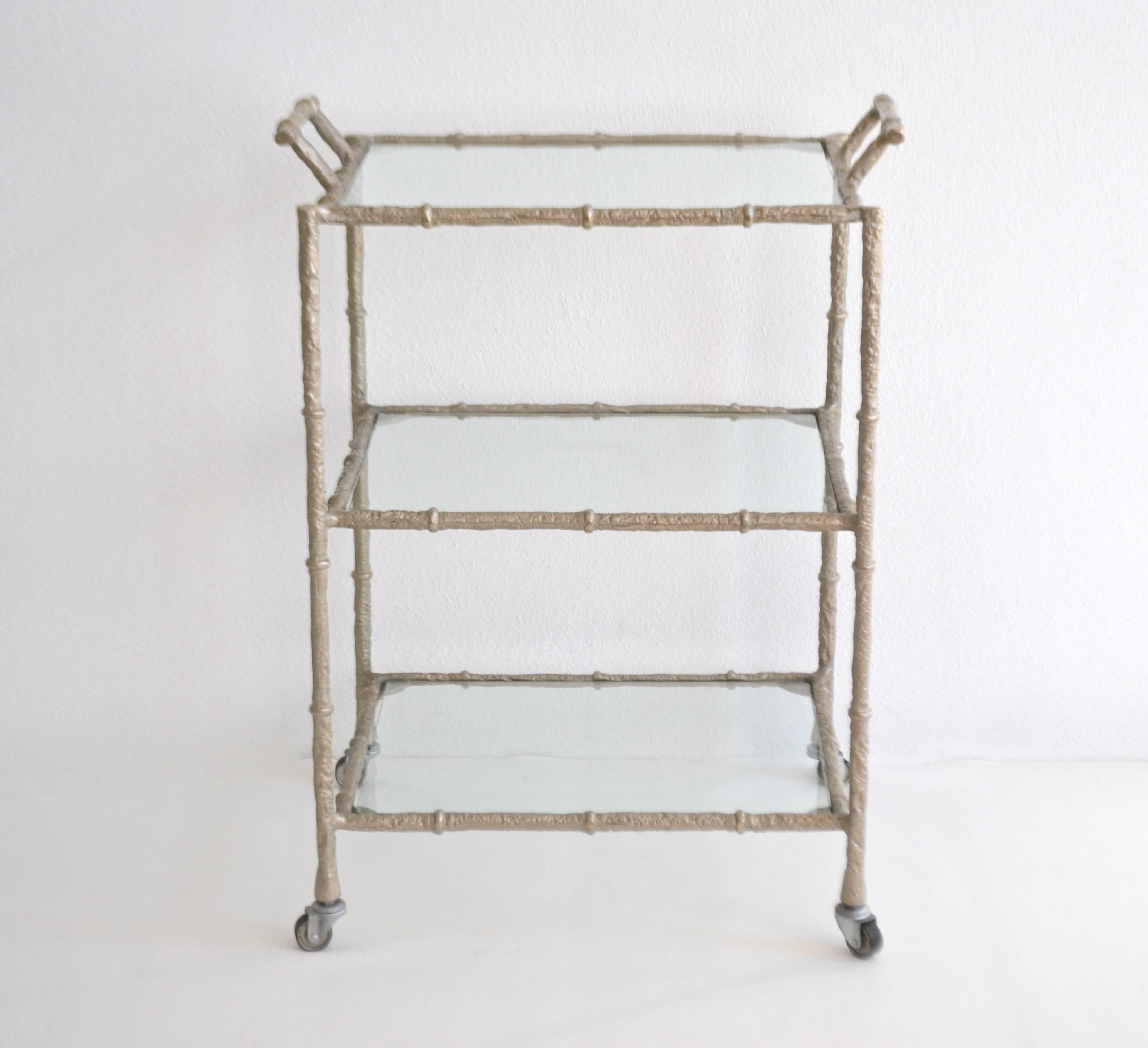 Mid-20th Century Faux Bamboo Three-Tiered Bar Cart For Sale