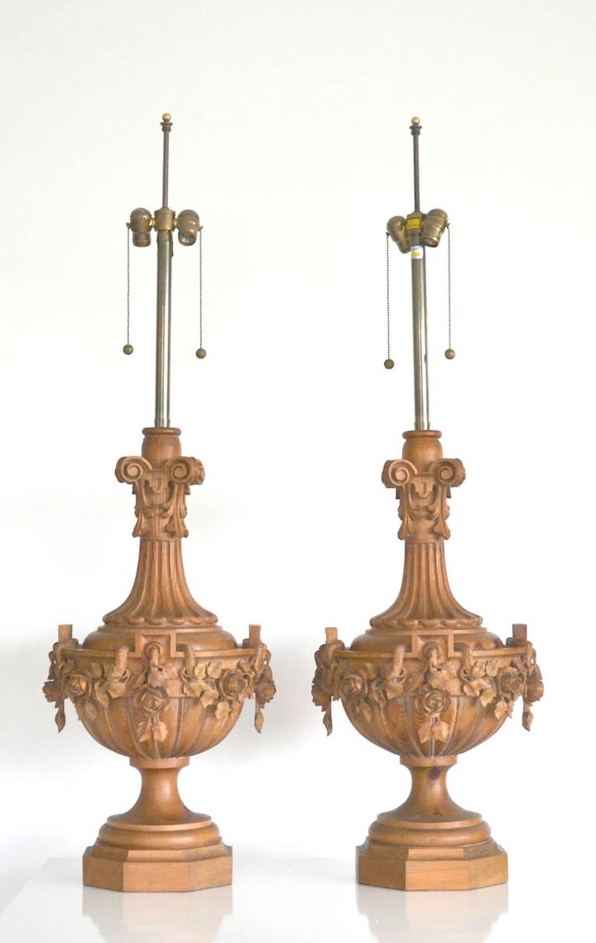 American Pair of Hollywood Regency Carved Wooden Urn Form Table Lamps by Marbro