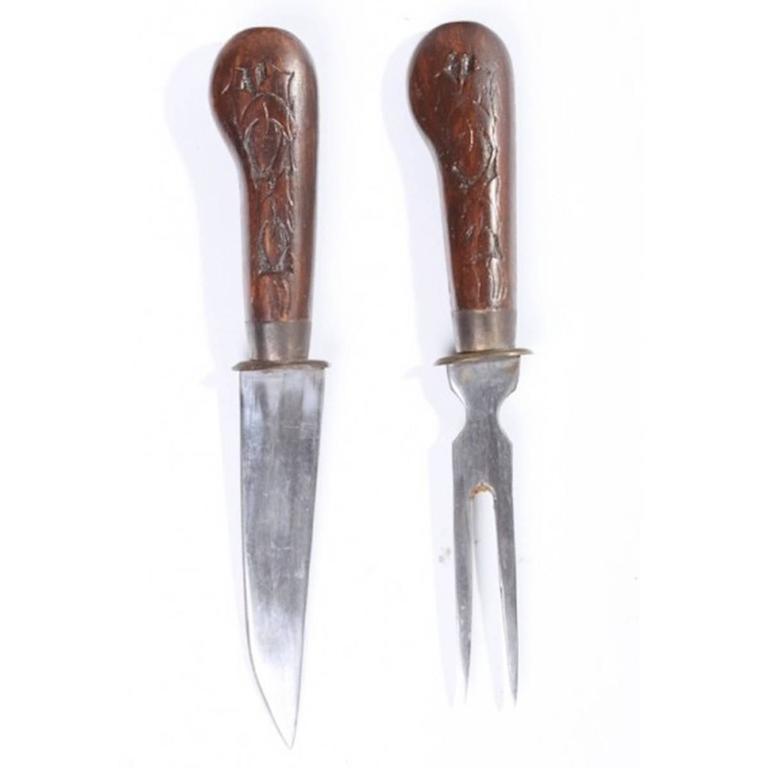 Midcentury Carved Wooden Figural Turkey Carving Set For Sale at 1stDibs