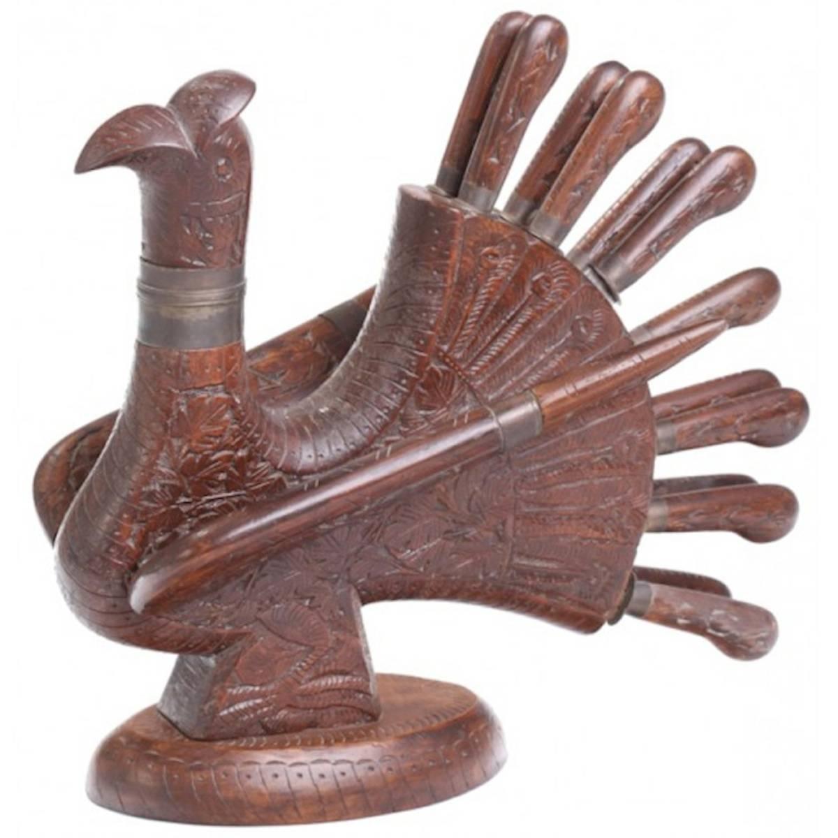 American Midcentury Carved Wooden Figural Turkey Carving Set For Sale