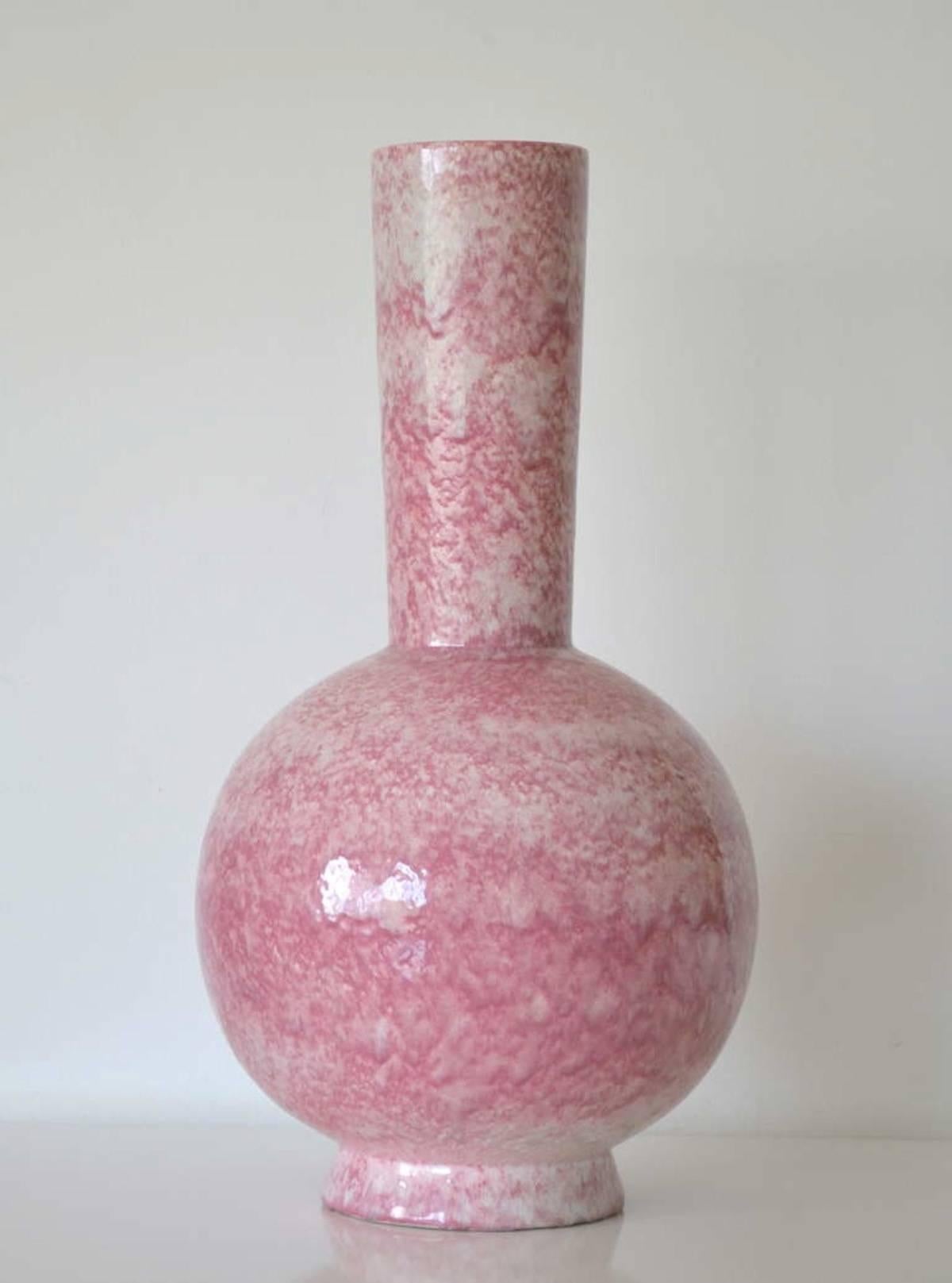 American Midcentury Long Neck Crackle Glazed Ceramic Vase For Sale