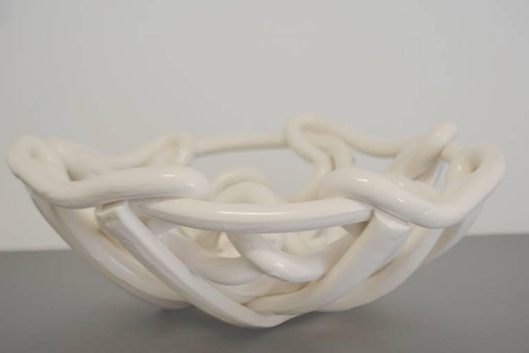 Mid-Century Modern Midcentury White Glazed Woven Ceramic Bowl For Sale