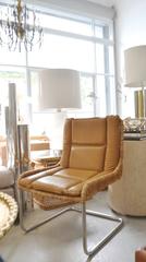 Midcentury Woven Rattan and Leather Occasional Chair