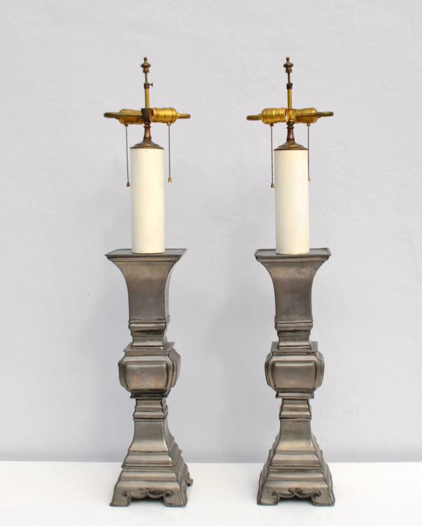 Pair of MidCentury Pewter Candlestick Table Lamps For Sale at 1stdibs