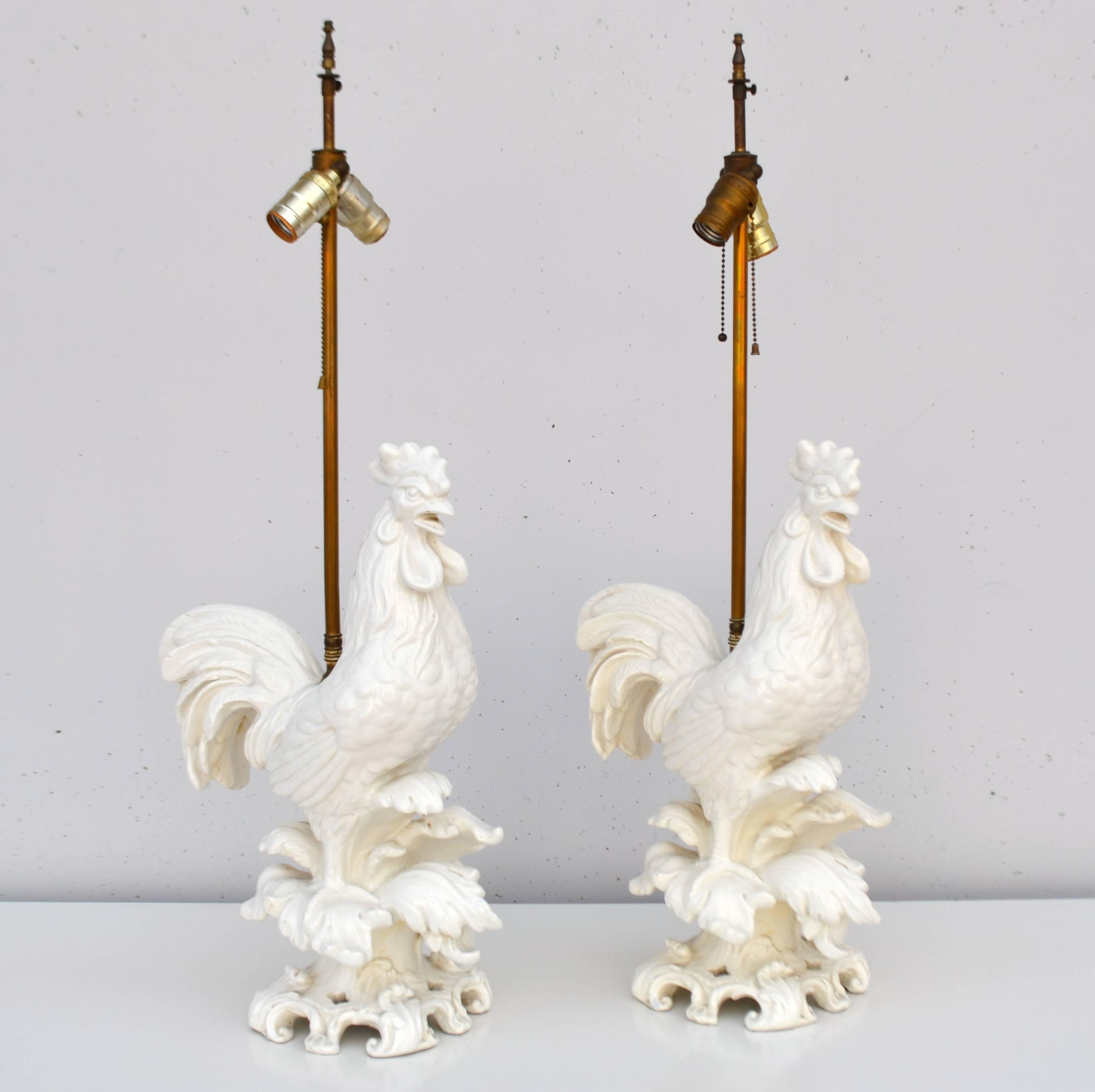 Italian Pair of Midcentury Blanc de Chine Ceramic Rooster Form Table Lamps For Sale