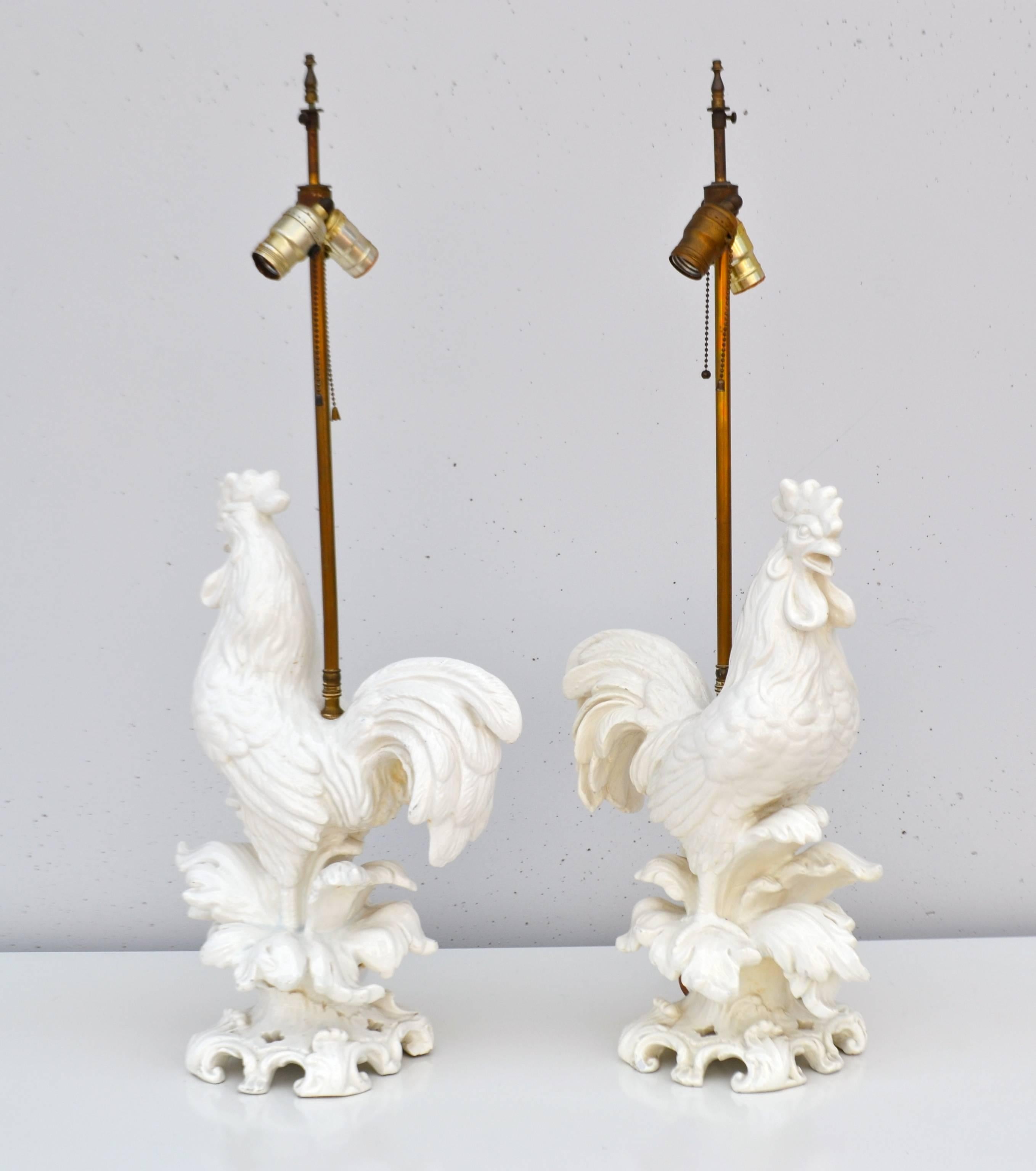 Mid-Century Modern Pair of Midcentury Blanc de Chine Ceramic Rooster Form Table Lamps For Sale