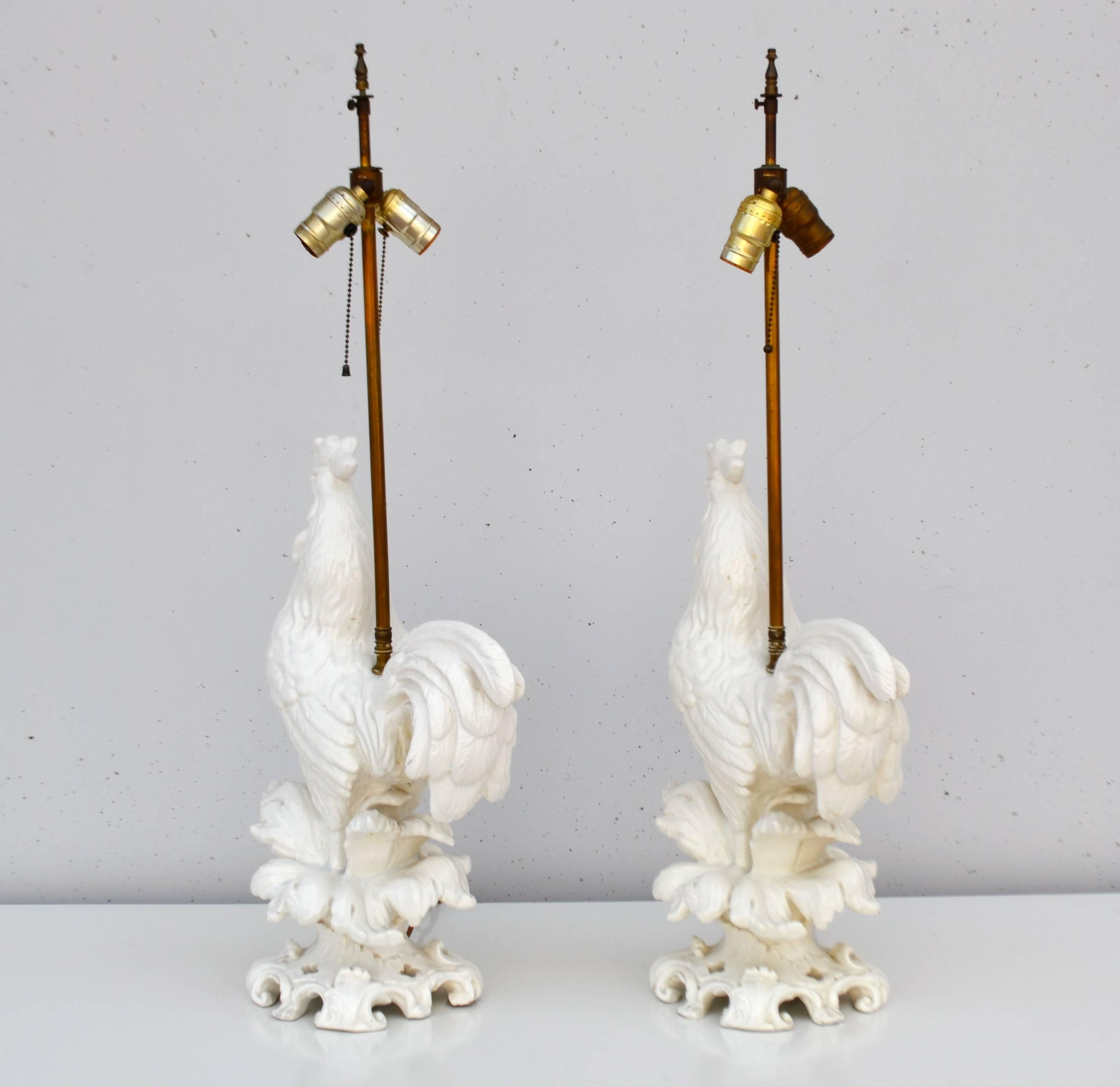 Pair of Midcentury Blanc de Chine Ceramic Rooster Form Table Lamps In Good Condition For Sale In West Palm Beach, FL