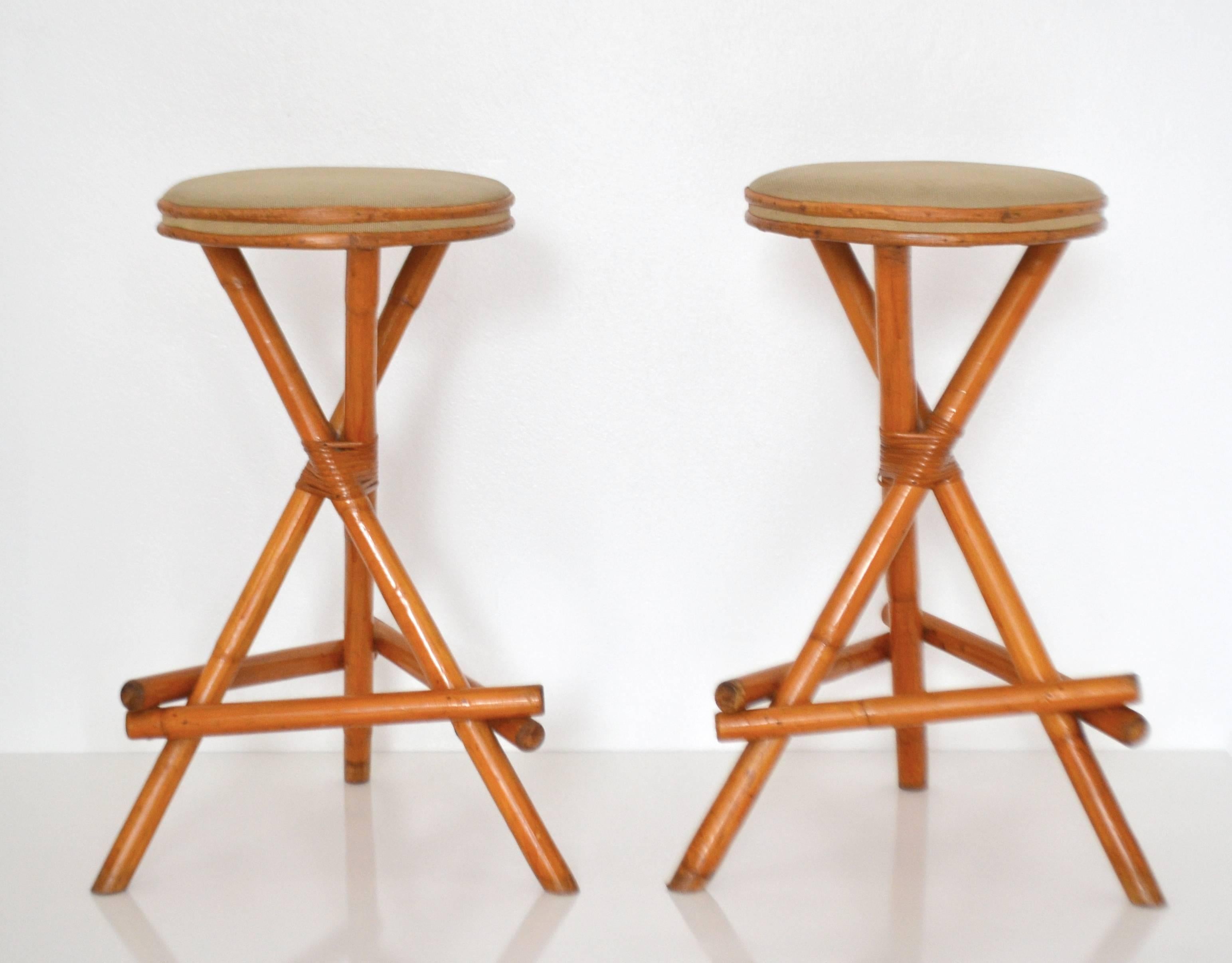 Upholstery Pair of Midcentury Bamboo Barstools For Sale