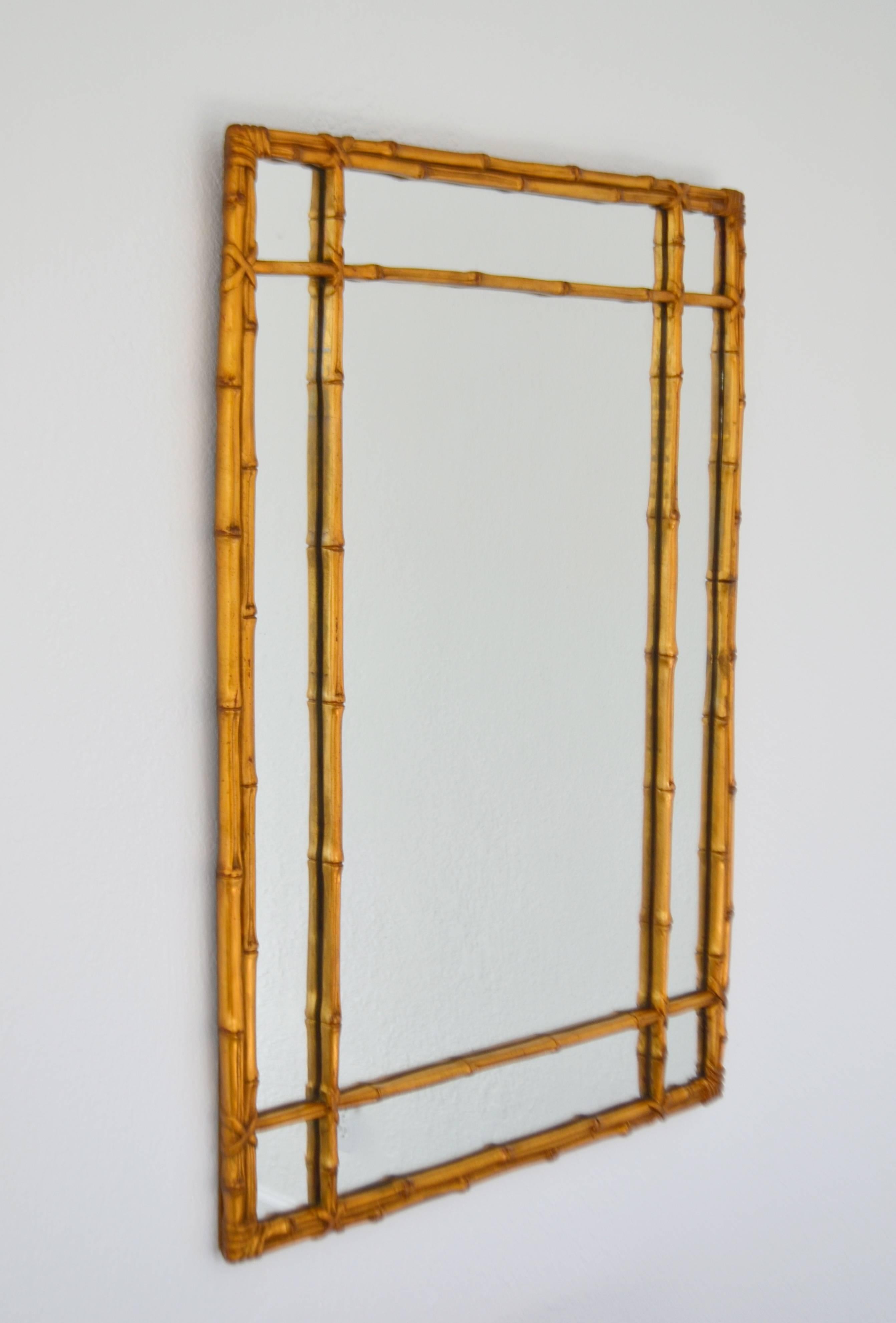 Hollywood Regency Faux Bamboo Gilt Wall Mirror In Good Condition For Sale In West Palm Beach, FL