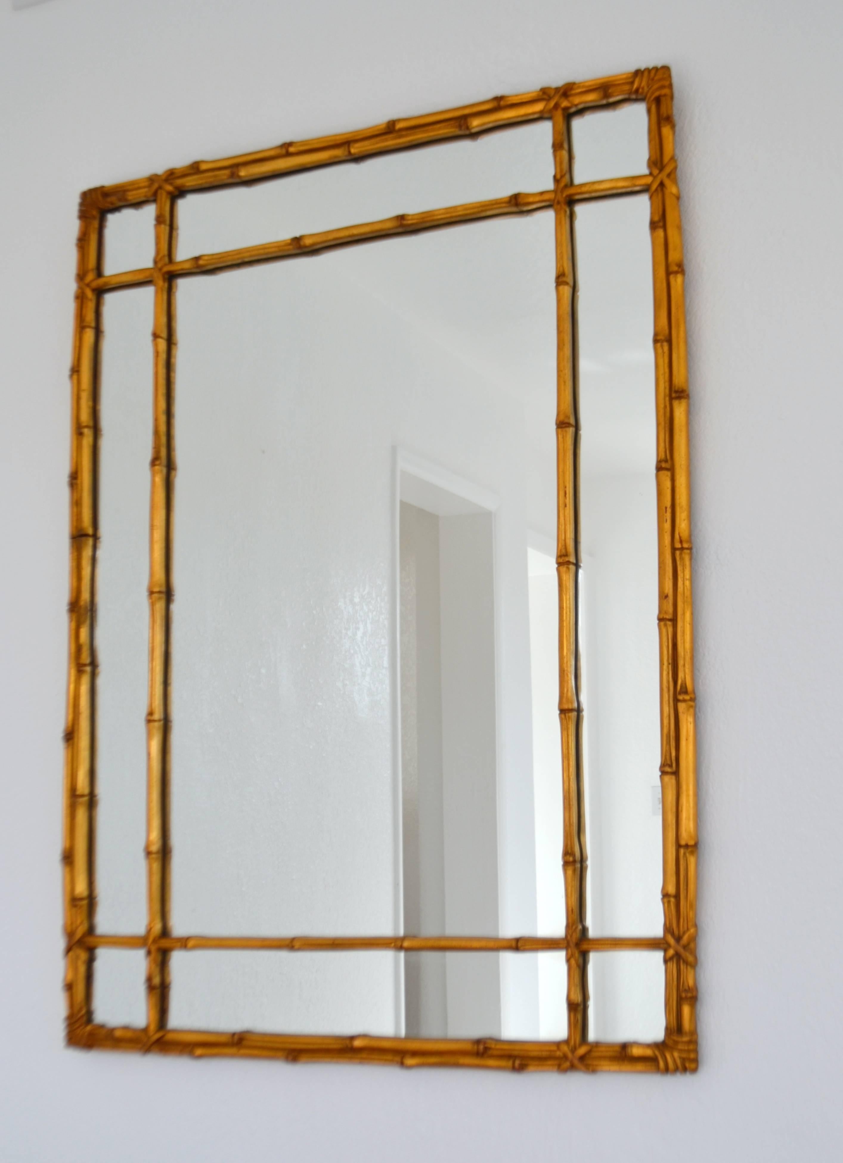 Hollywood Regency Faux Bamboo Gilt Wall Mirror For Sale 1