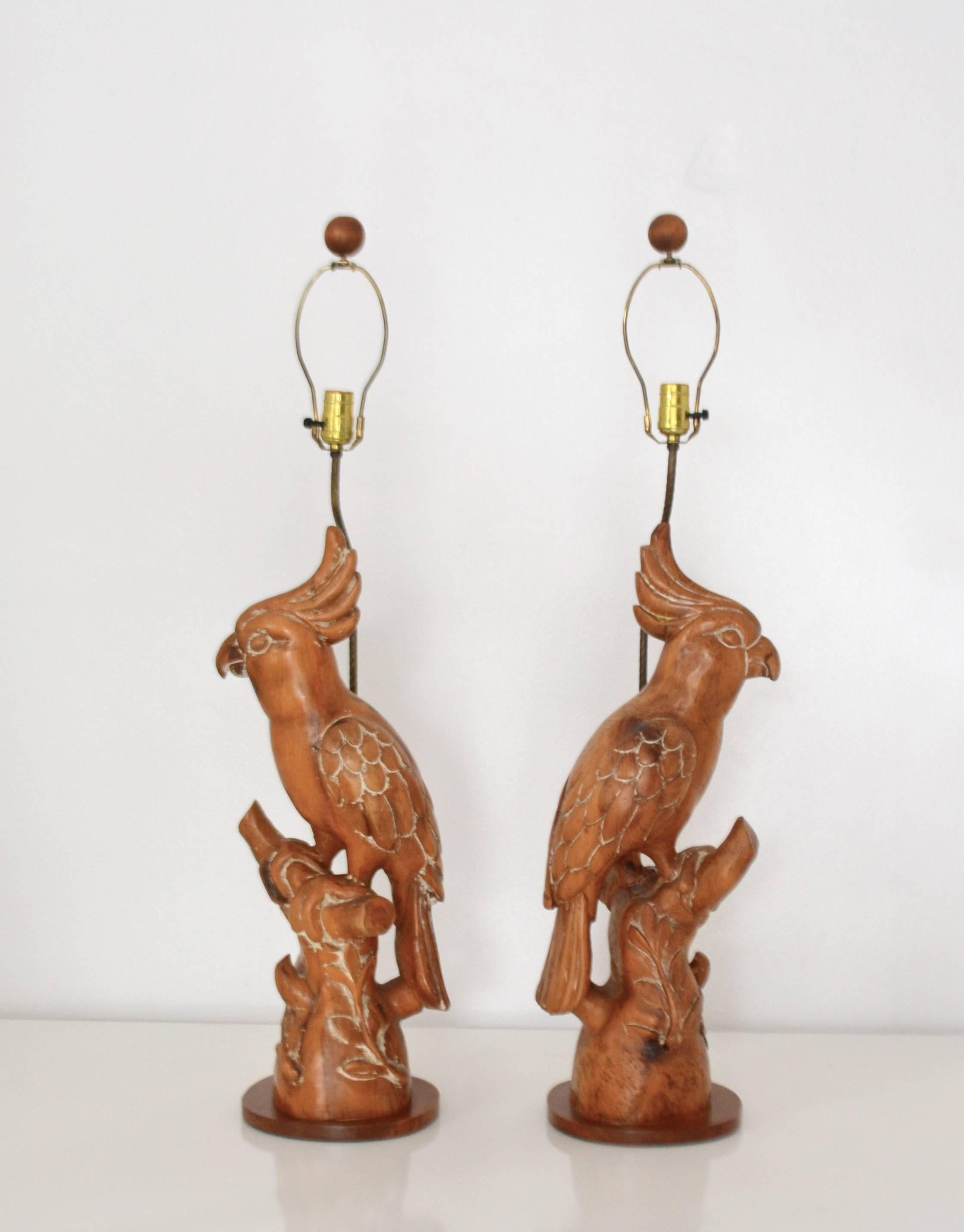 Mid-Century Modern Pair of Midcentury Hand Carved Wooden Parrot Form Table Lamps For Sale