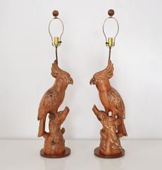 Pair of Midcentury Hand Carved Wooden Parrot Form Table Lamps