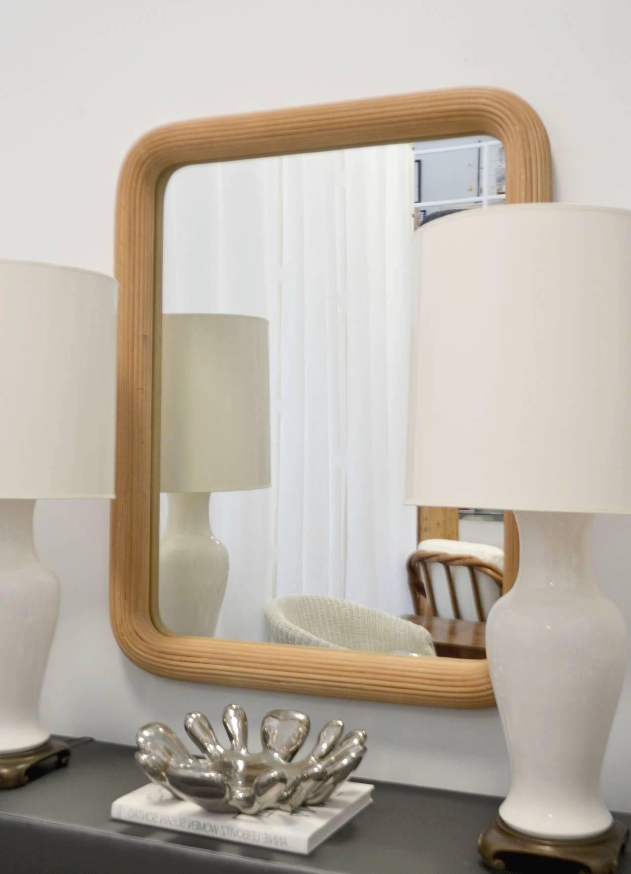 Striking Mid-Century sculptural reed wall or mantel mirror with rounded corners, circa 1960s-1970s.
 