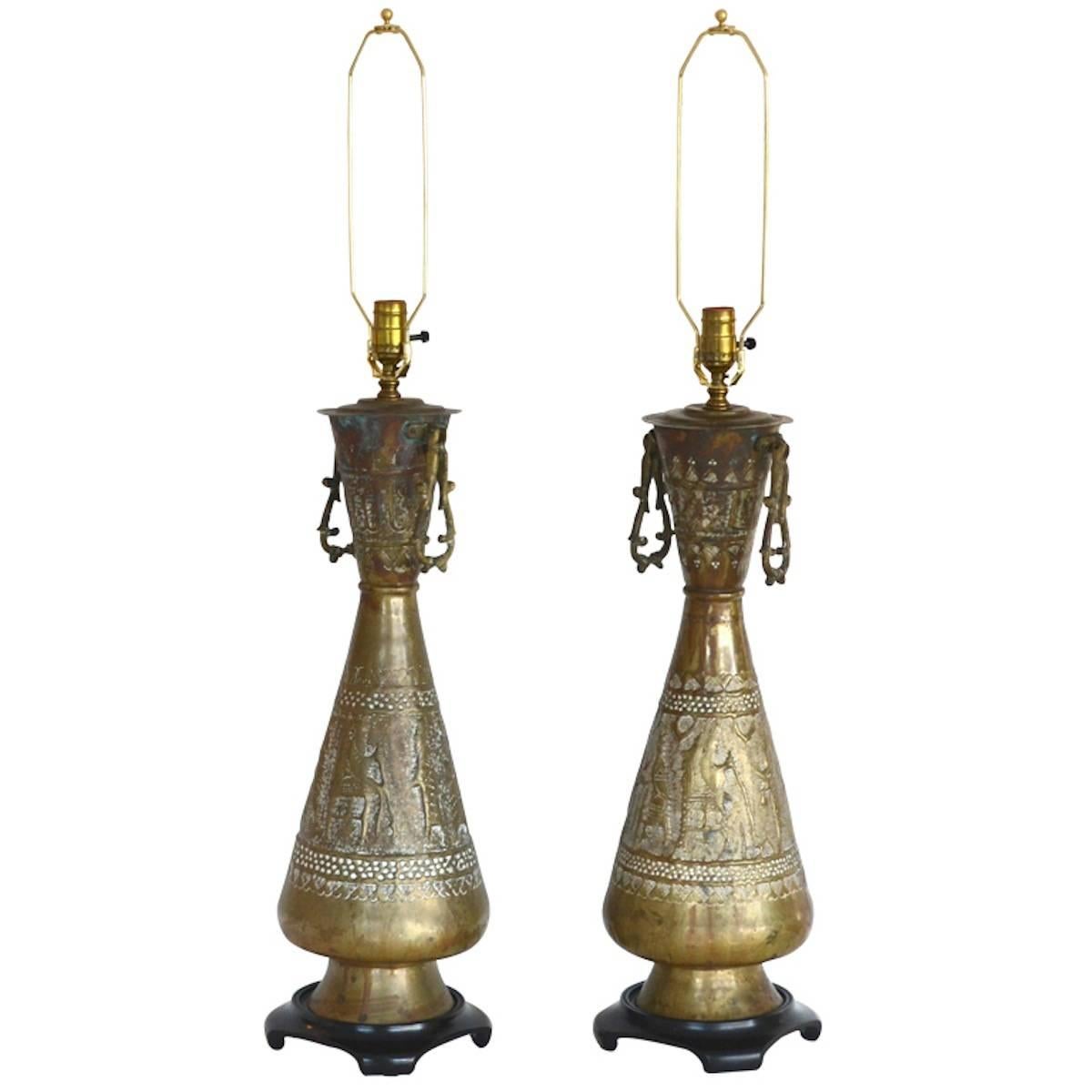 American Pair of Mid-Century Brass Table Lamps For Sale
