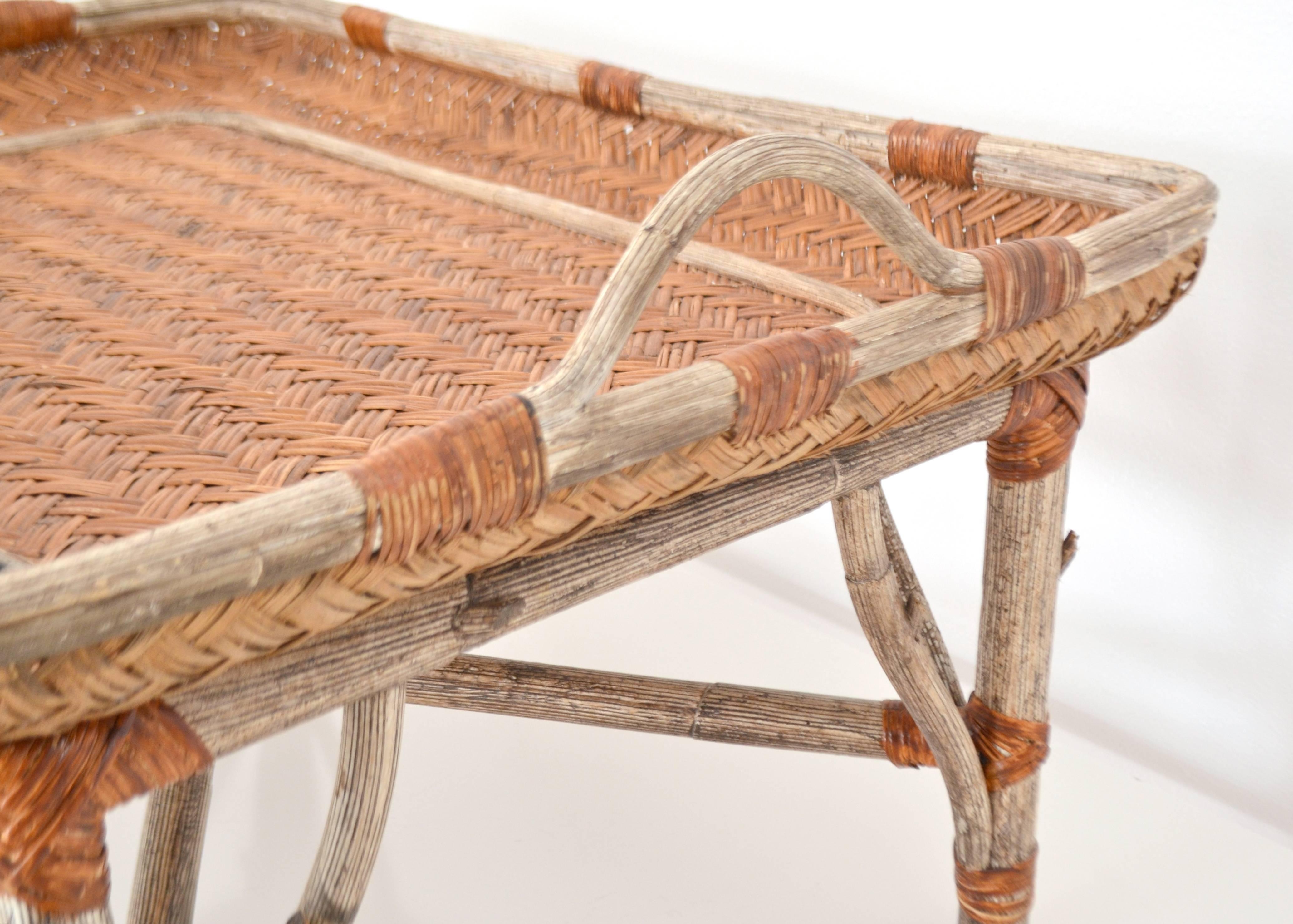 Midcentury Woven Rattan Tray Top Cocktail Table For Sale 1
